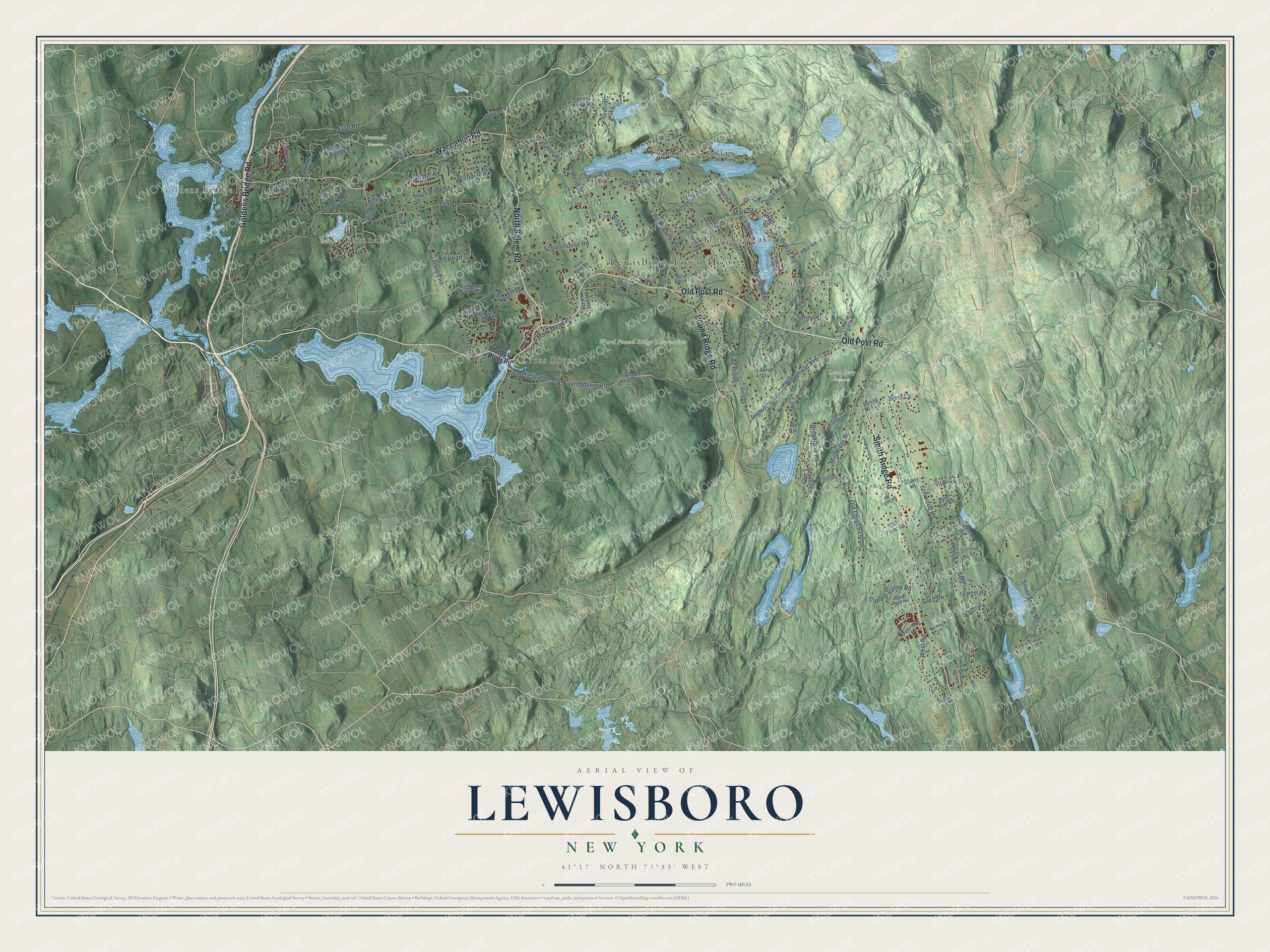 Detailed map of Lewisboro, New York, showing streets, buildings, neighborhoods, and parks