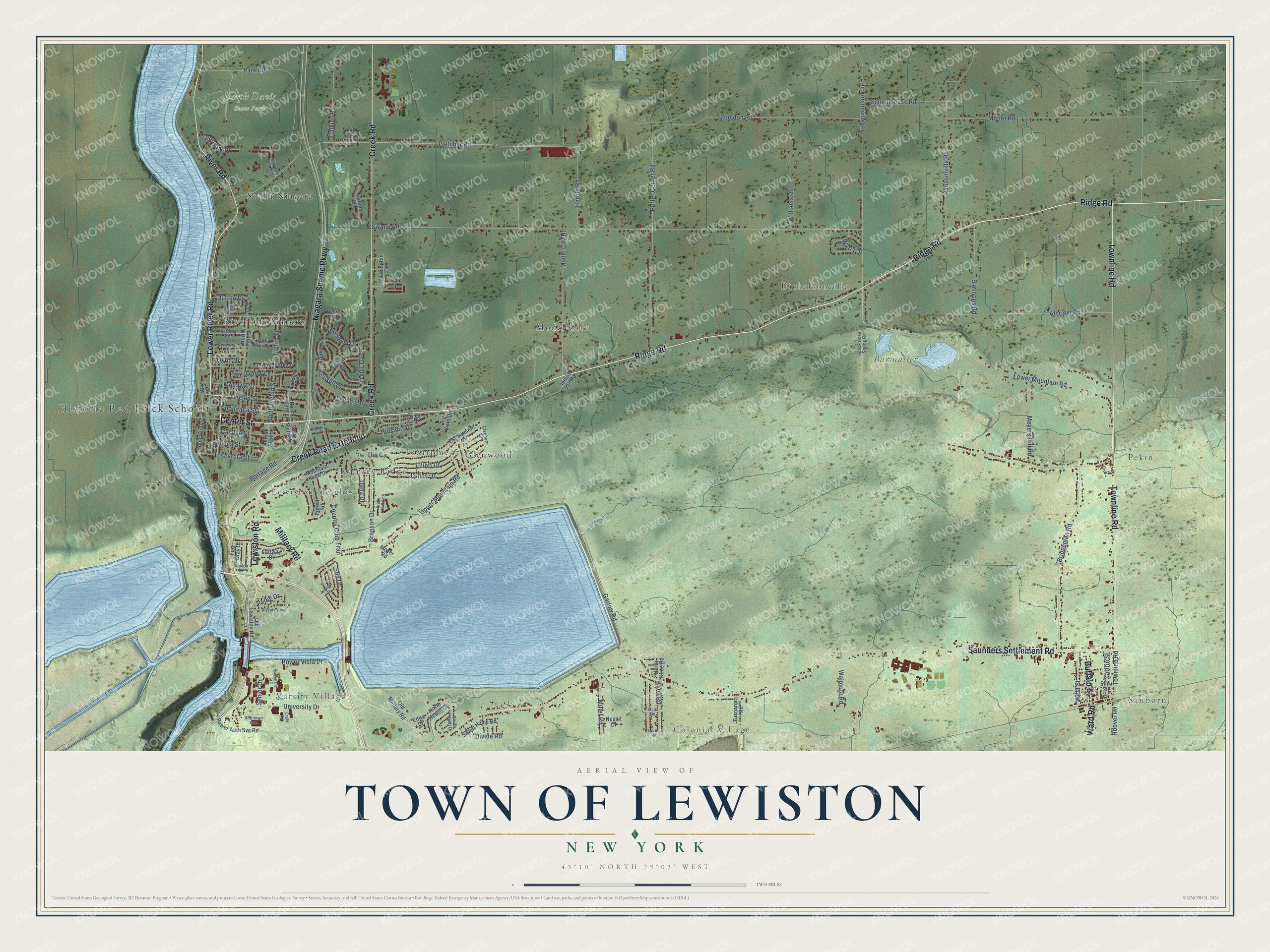 Detailed map of the Town of Lewiston, New York, showing streets, buildings, neighborhoods, and parks