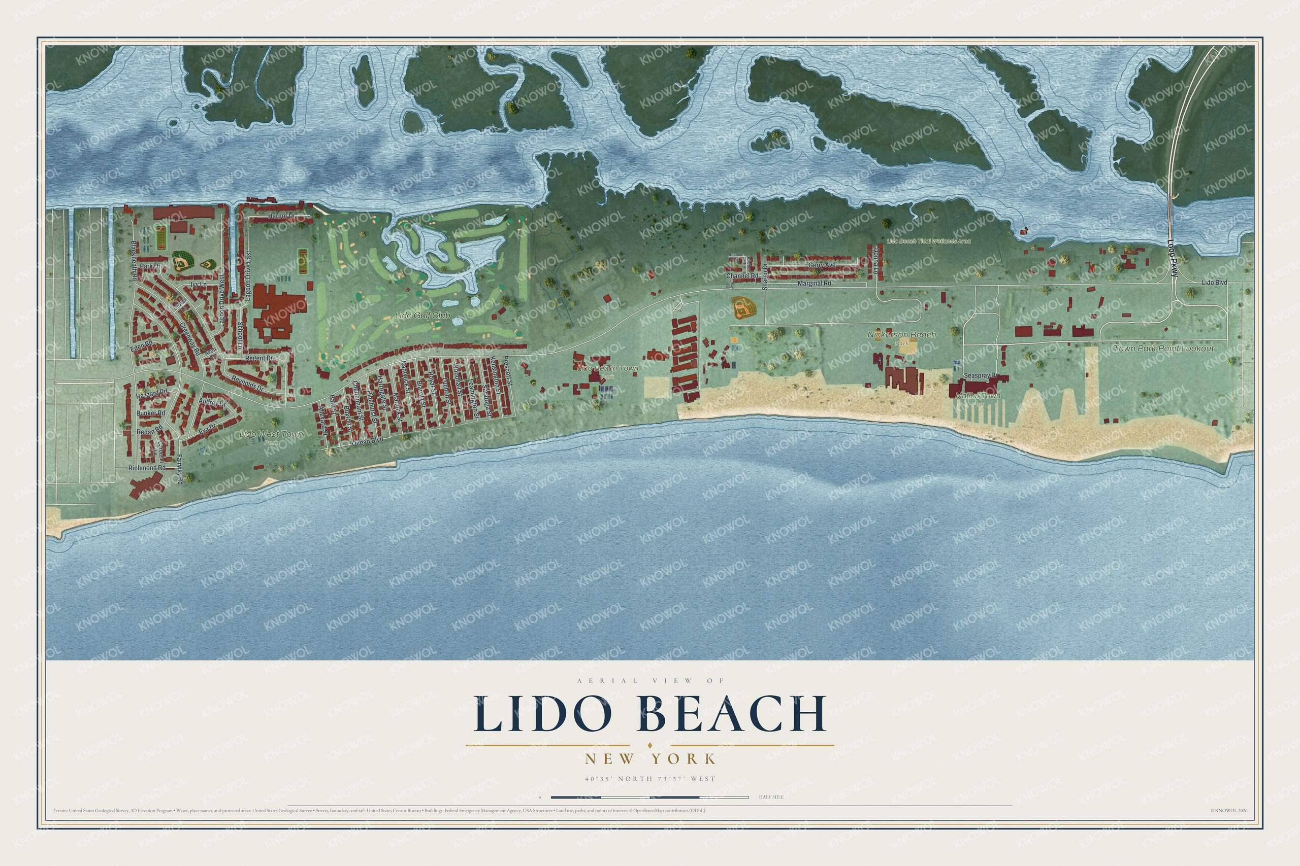 Full map of Lido Beach, New York, with red buildings, printed street names and the land around them