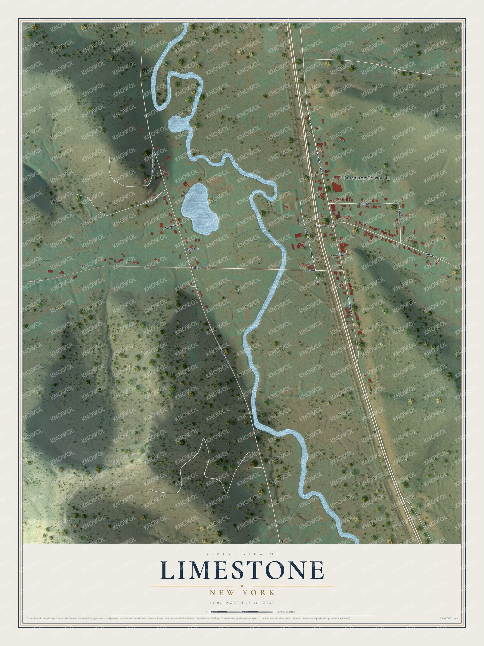 Full map of Limestone, New York, with red buildings, printed street names and the land around them