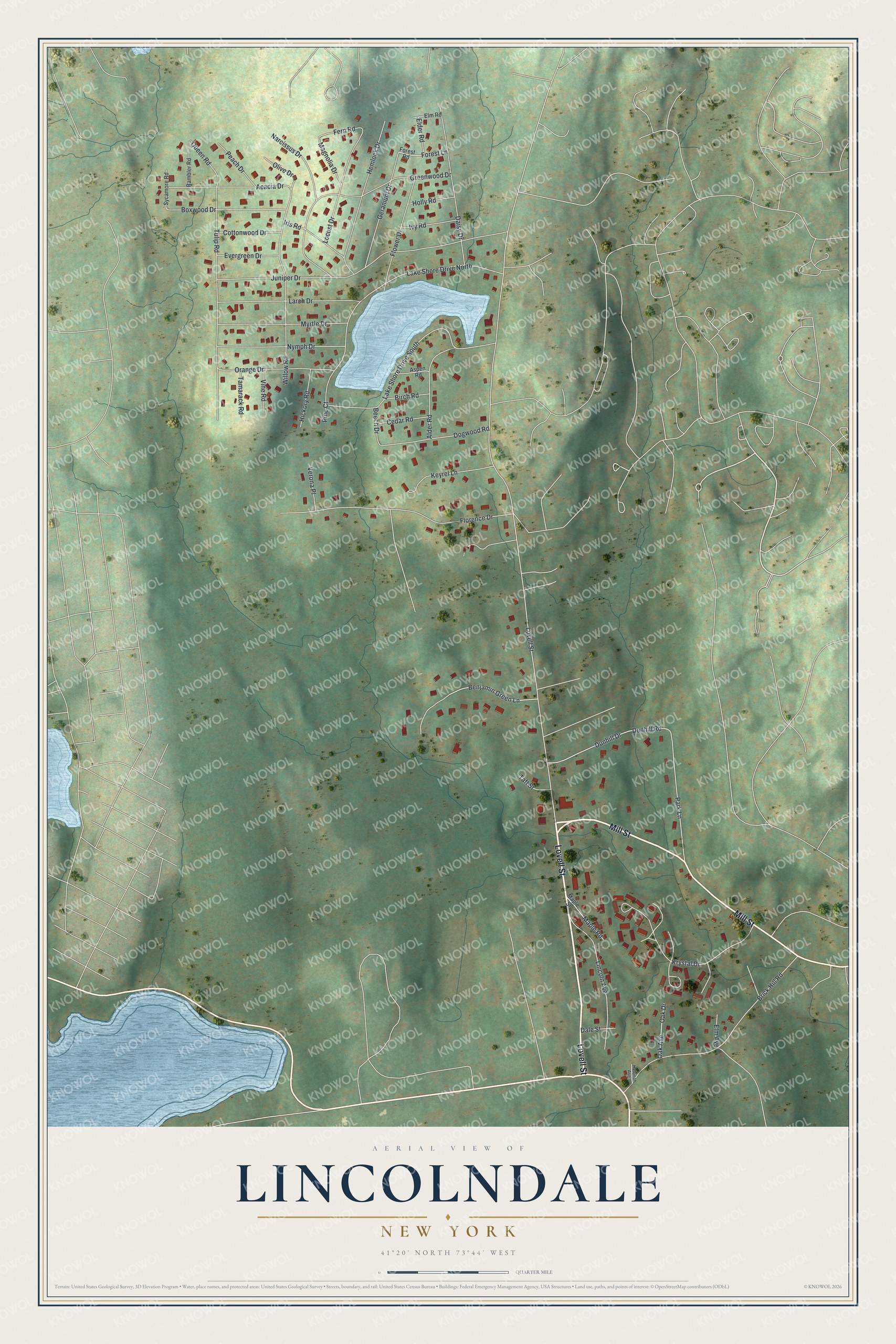 Full map of Lincolndale, New York, with red buildings, printed street names and the land around them