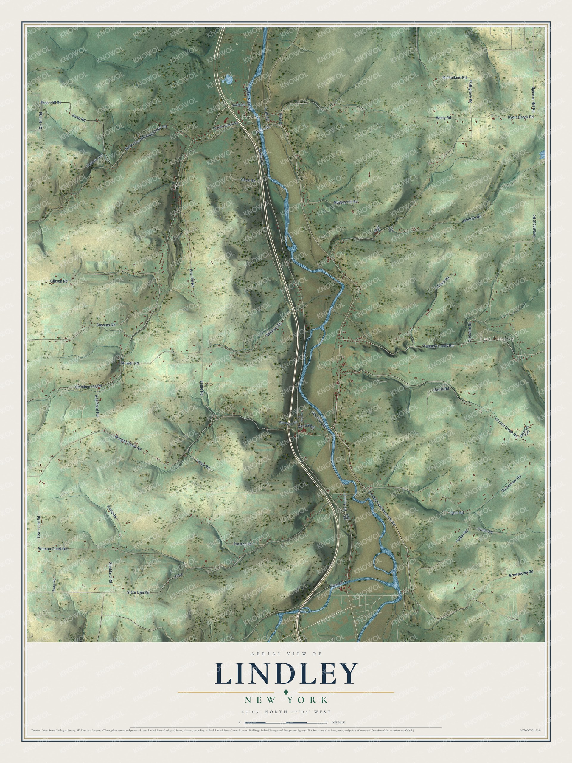 Detailed map of Lindley, New York, showing streets, buildings, and neighborhoods