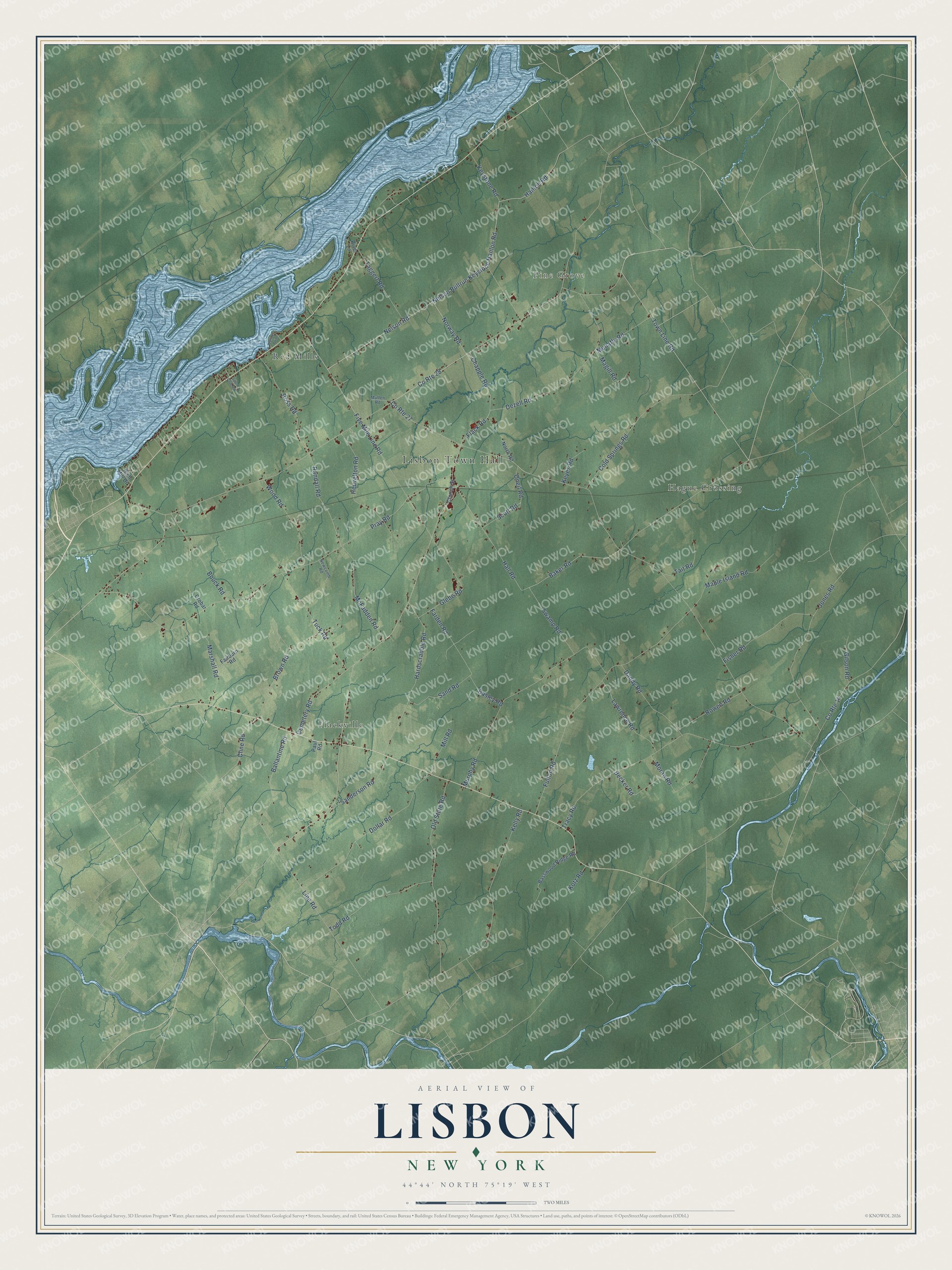 Detailed map of Lisbon, New York, showing streets, buildings, and neighborhoods