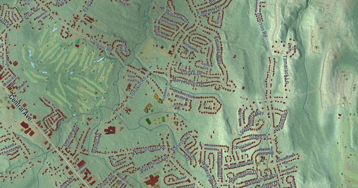 Close-up of streets and buildings in Lisha Kill, New York