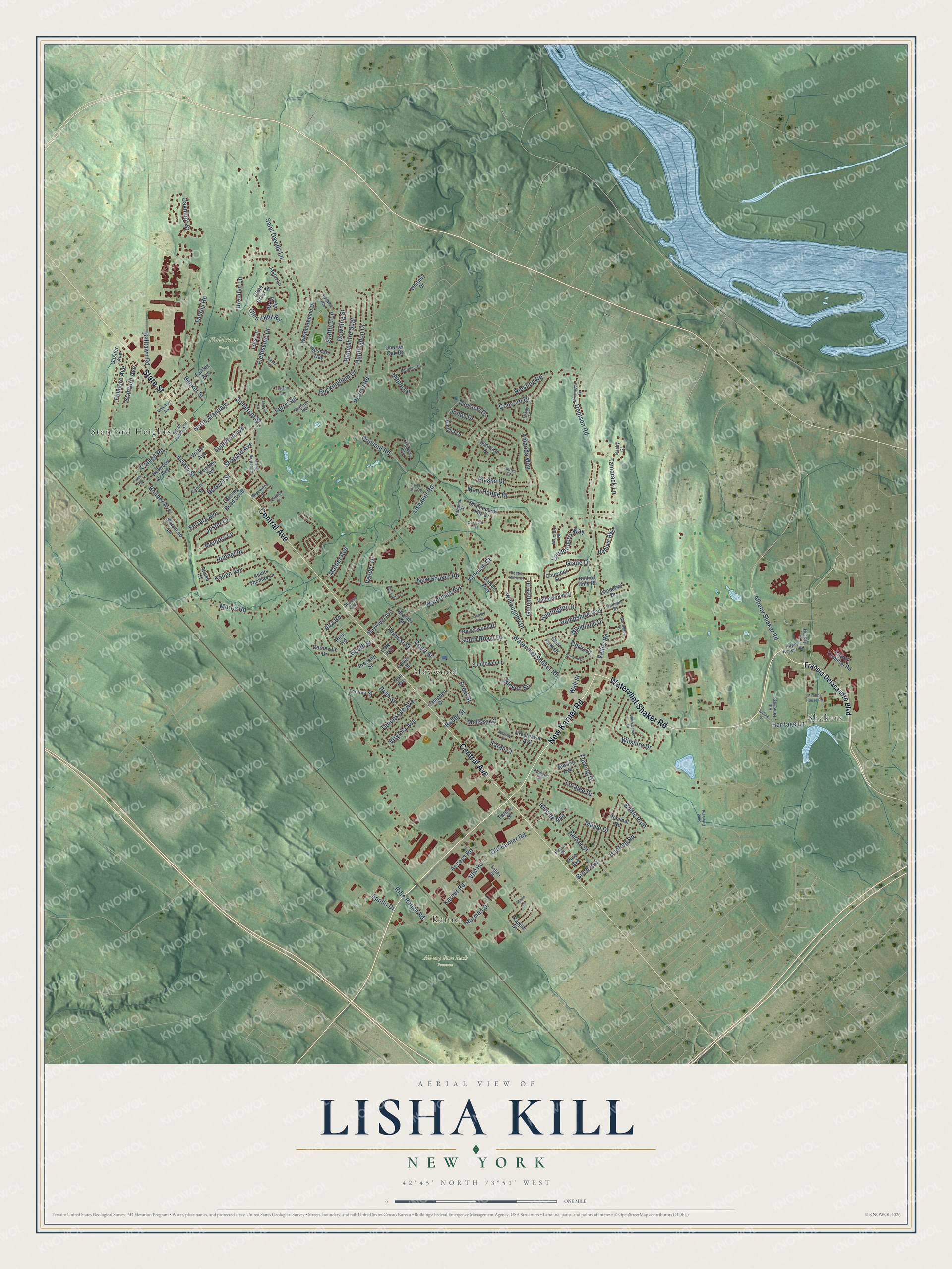 Full map of Lisha Kill, New York, with red buildings, printed street names and the land around them
