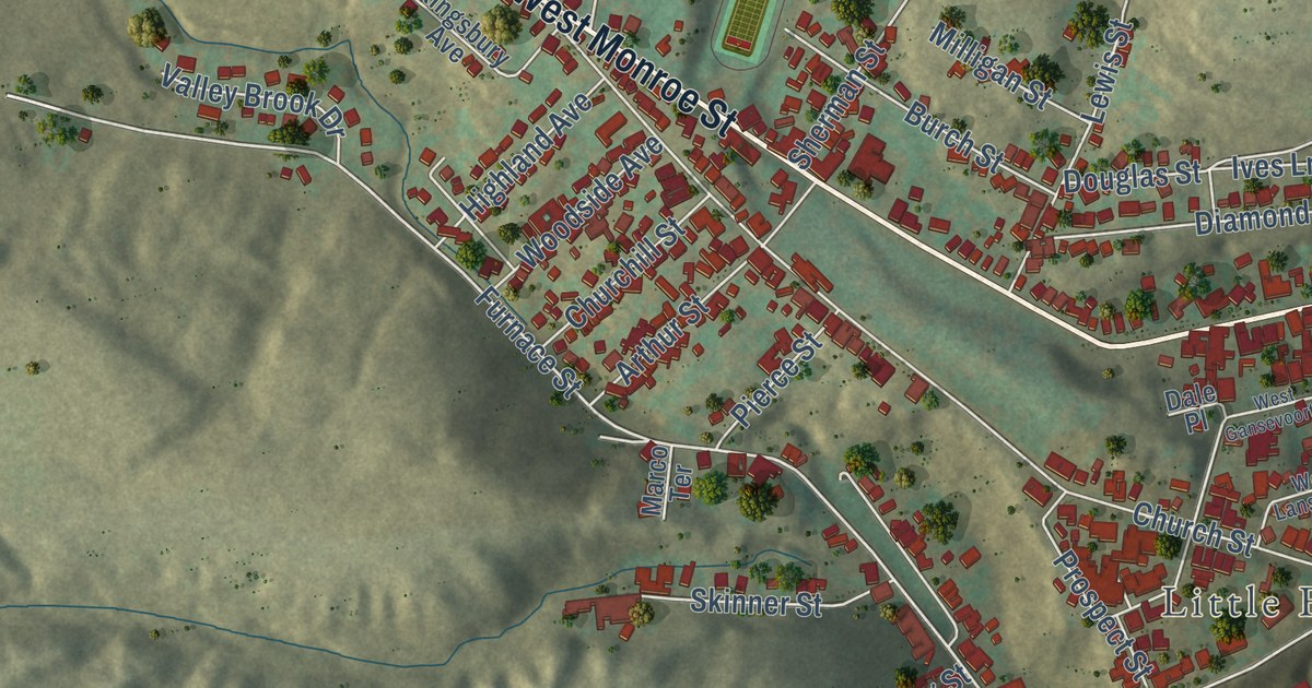Close-up of streets and buildings in the City of Little Falls, Herkimer County, New York