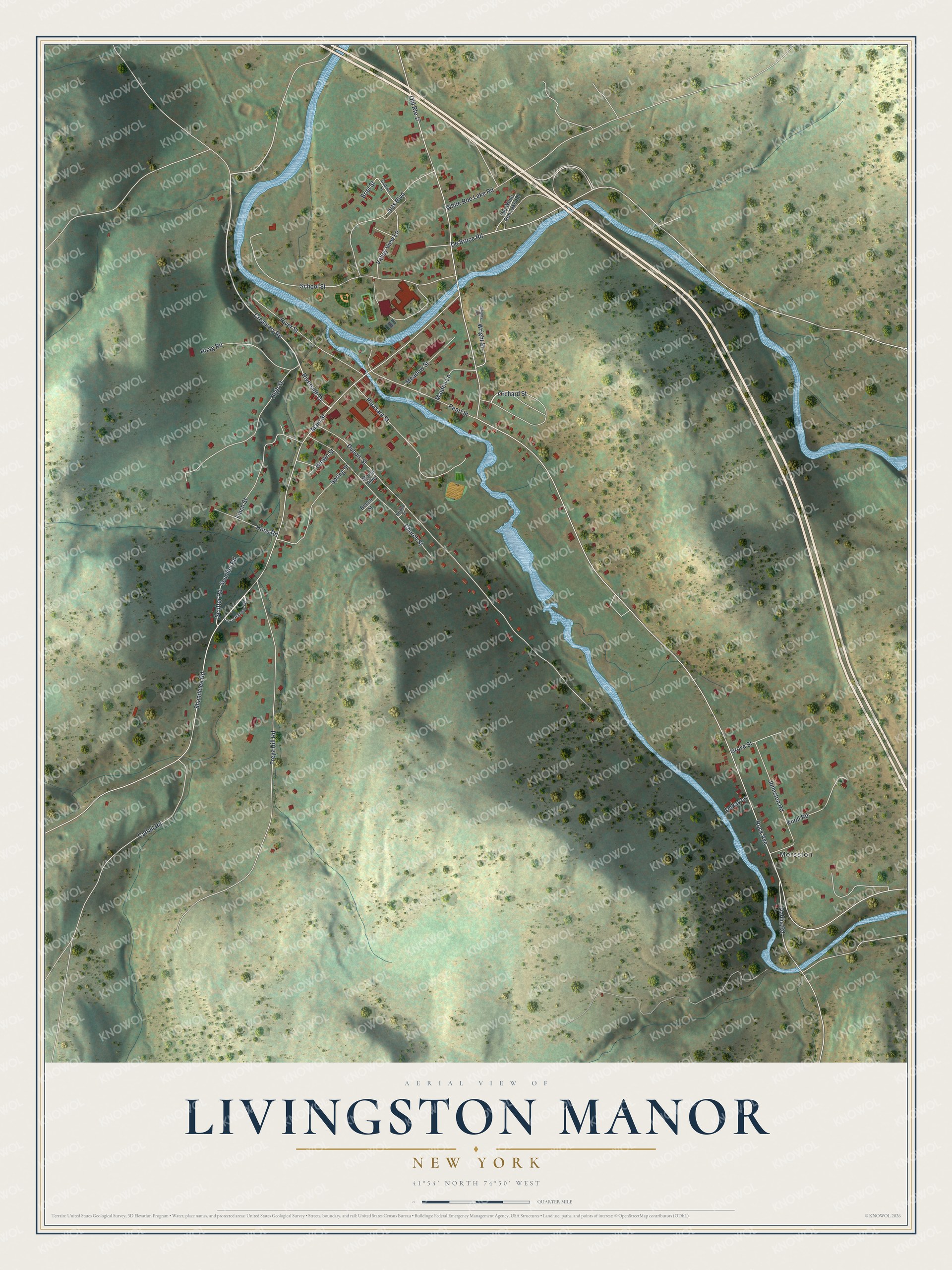 Full map of Livingston Manor, New York, with red buildings, printed street names and the land around them