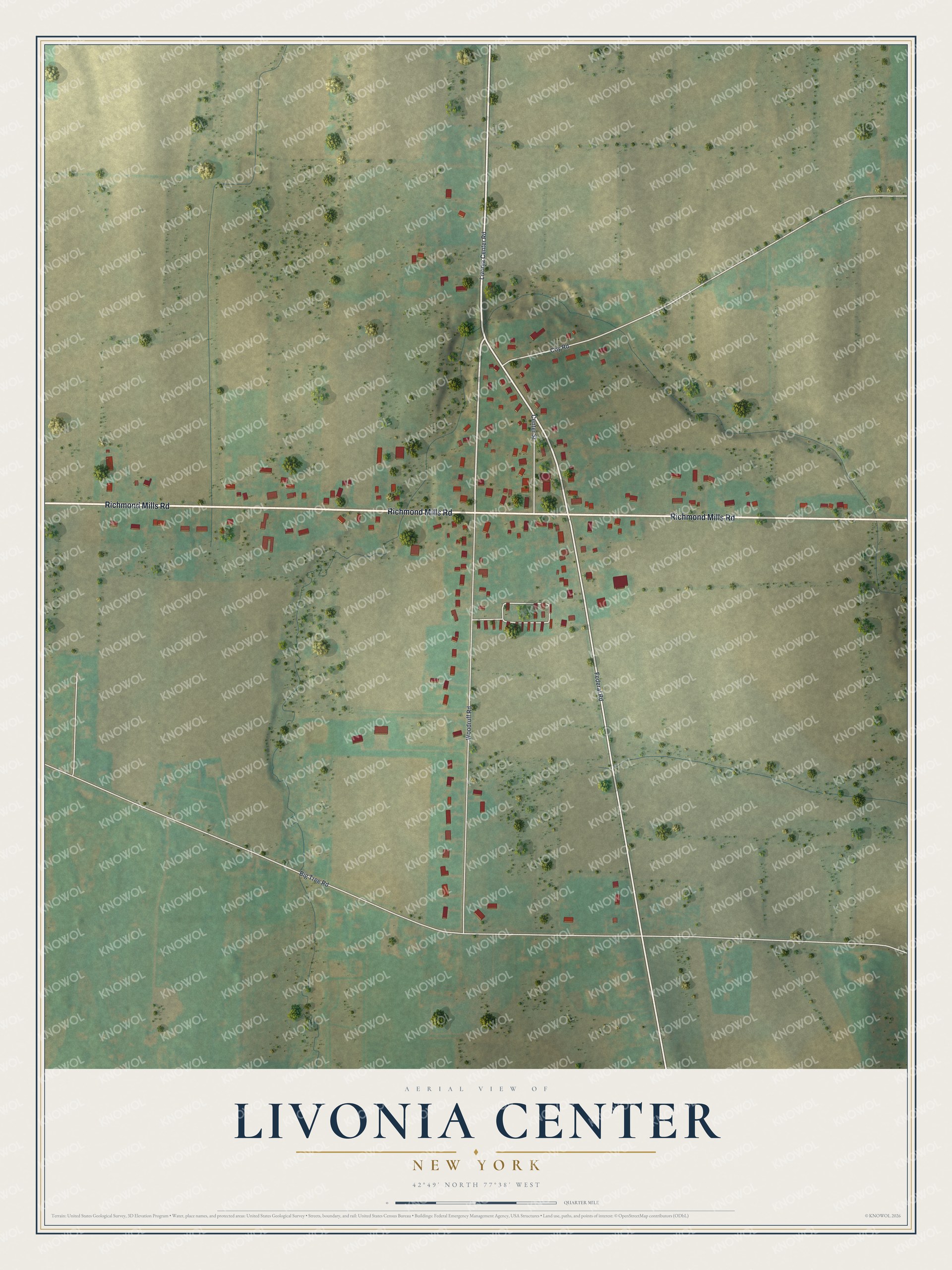Full map of Livonia Center, New York, with red buildings, printed street names and the land around them