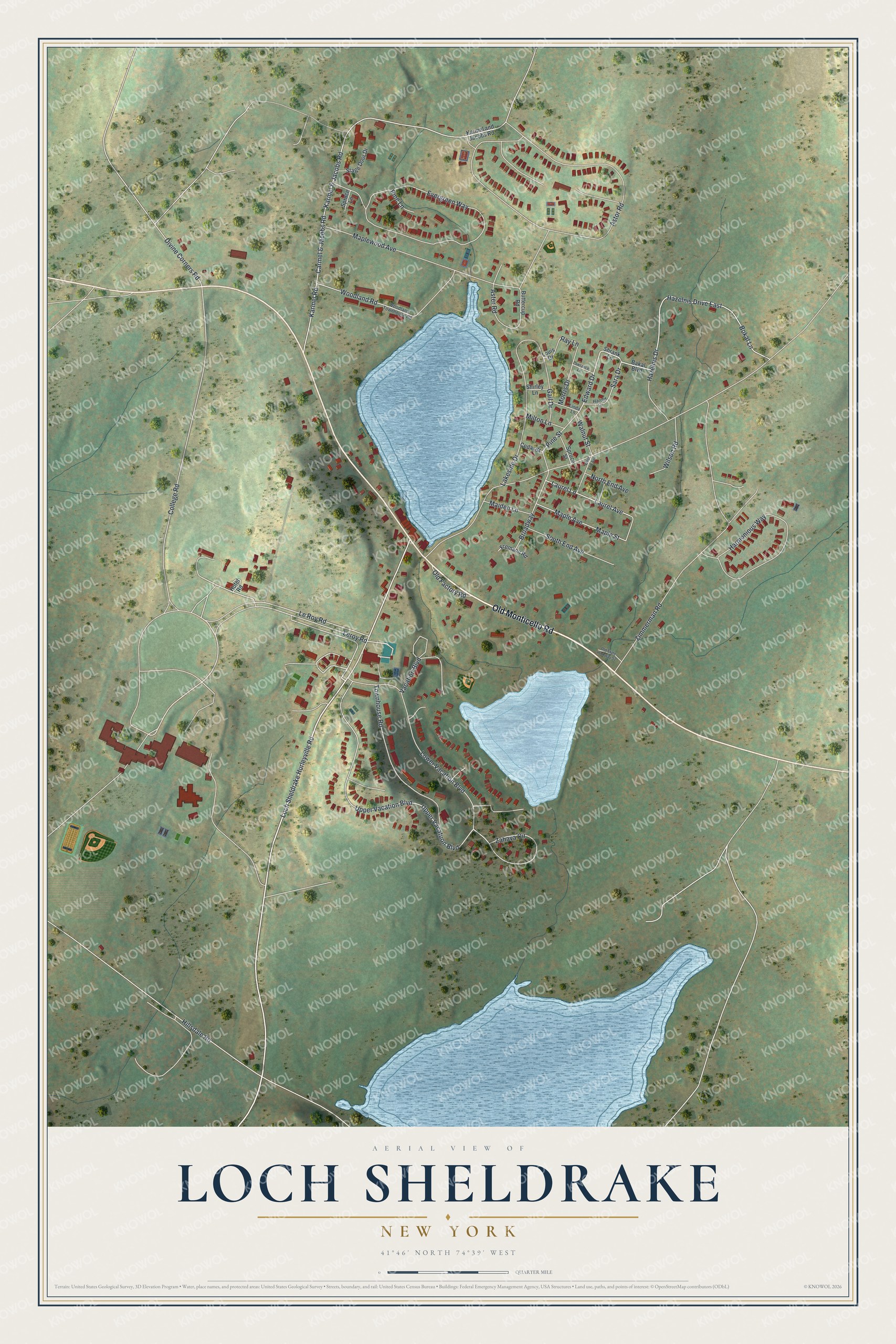 Full map of Loch Sheldrake, New York, with red buildings, printed street names and the land around them