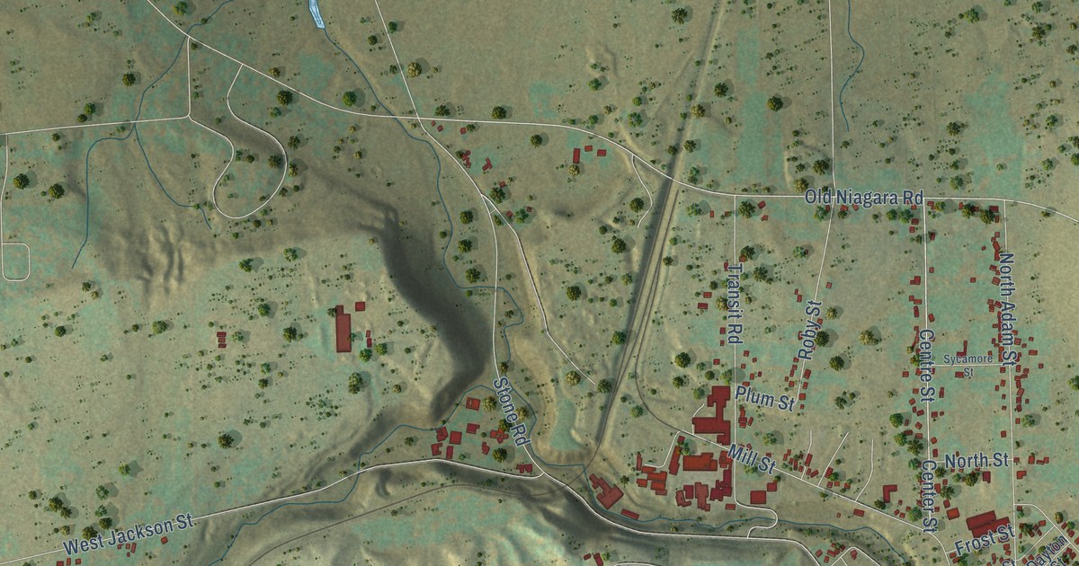 Close-up of streets and buildings in the City of Lockport, Niagara County, New York