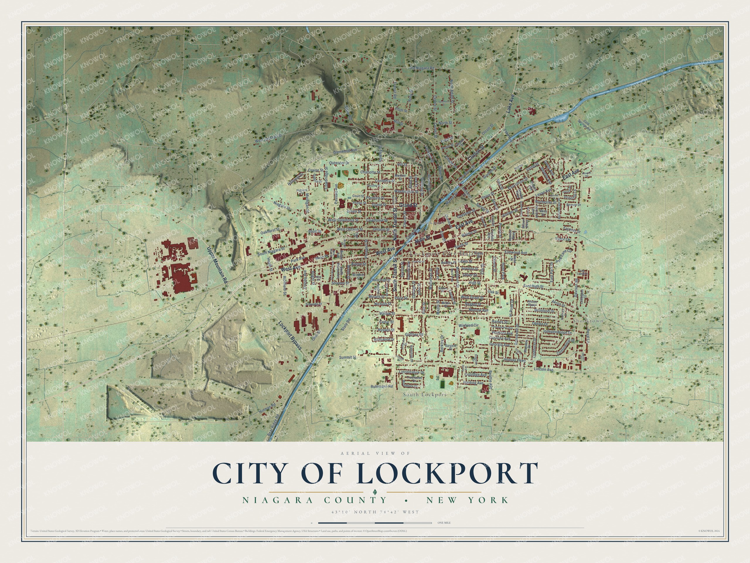 Detailed map of the City of Lockport, Niagara County, New York, showing streets, buildings, neighborhoods, and parks