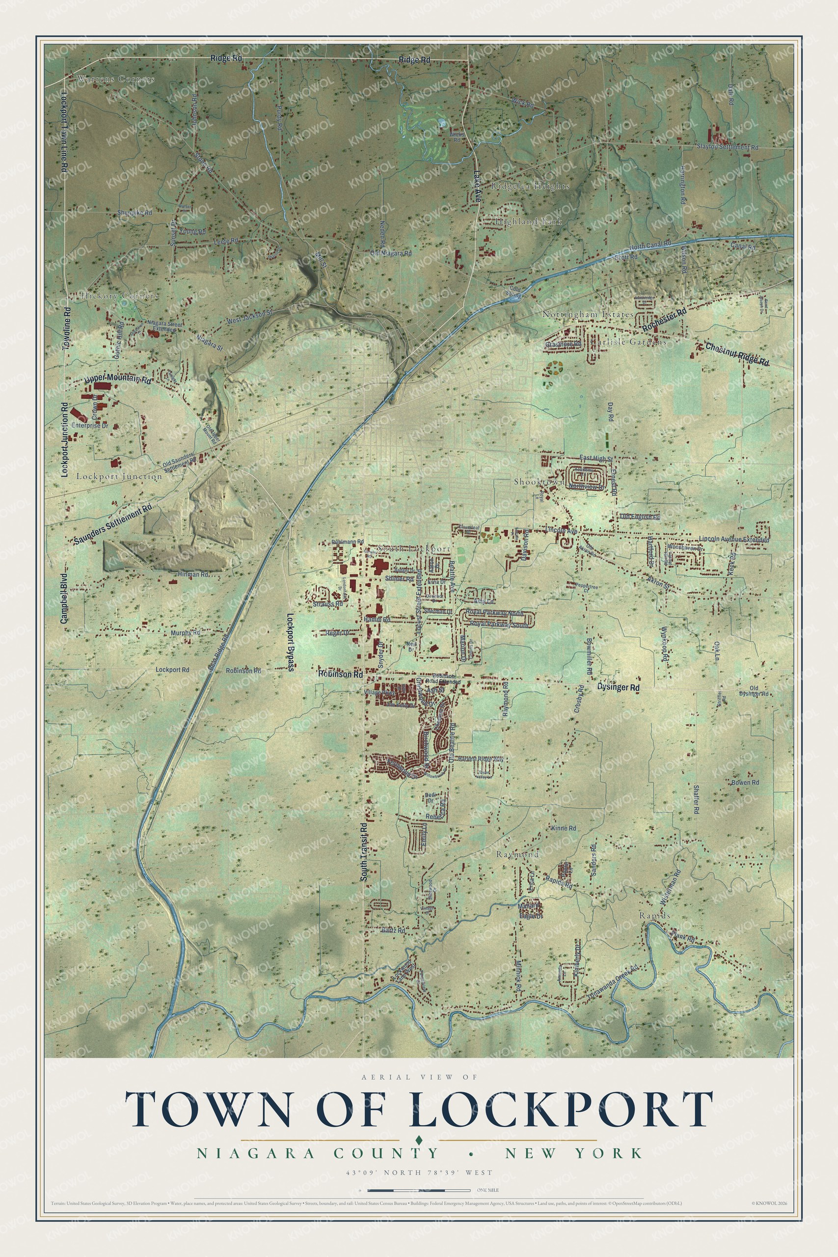 Detailed map of the Town of Lockport, Niagara County, New York, showing streets, buildings, and neighborhoods