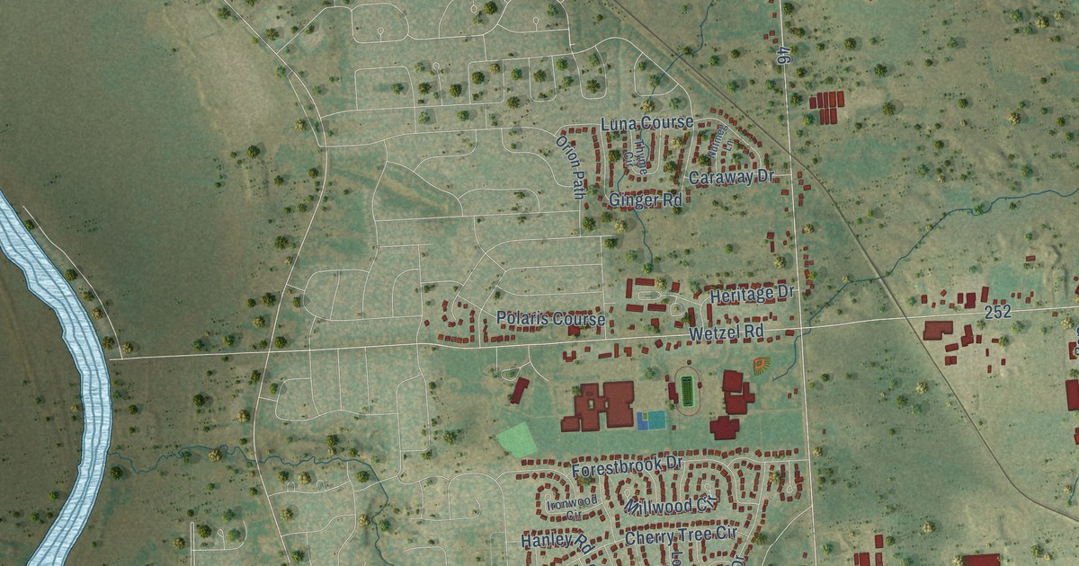 Close-up of streets and buildings in Long Branch, New York