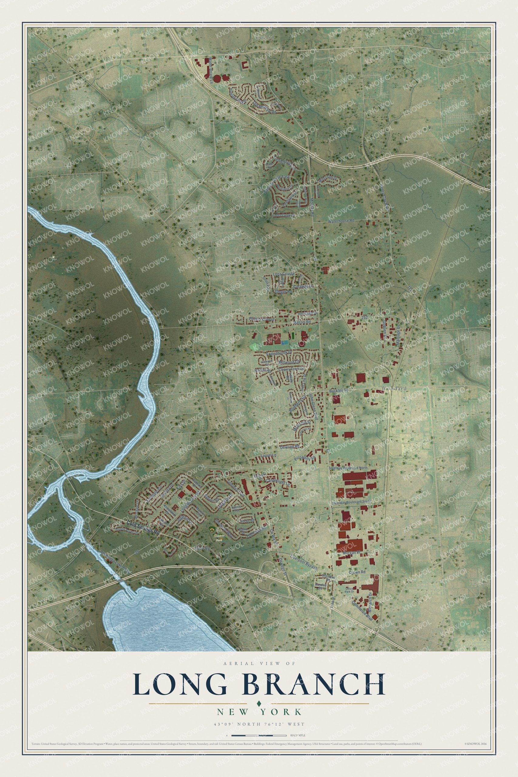 Full map of Long Branch, New York, with red buildings, printed street names and the land around them