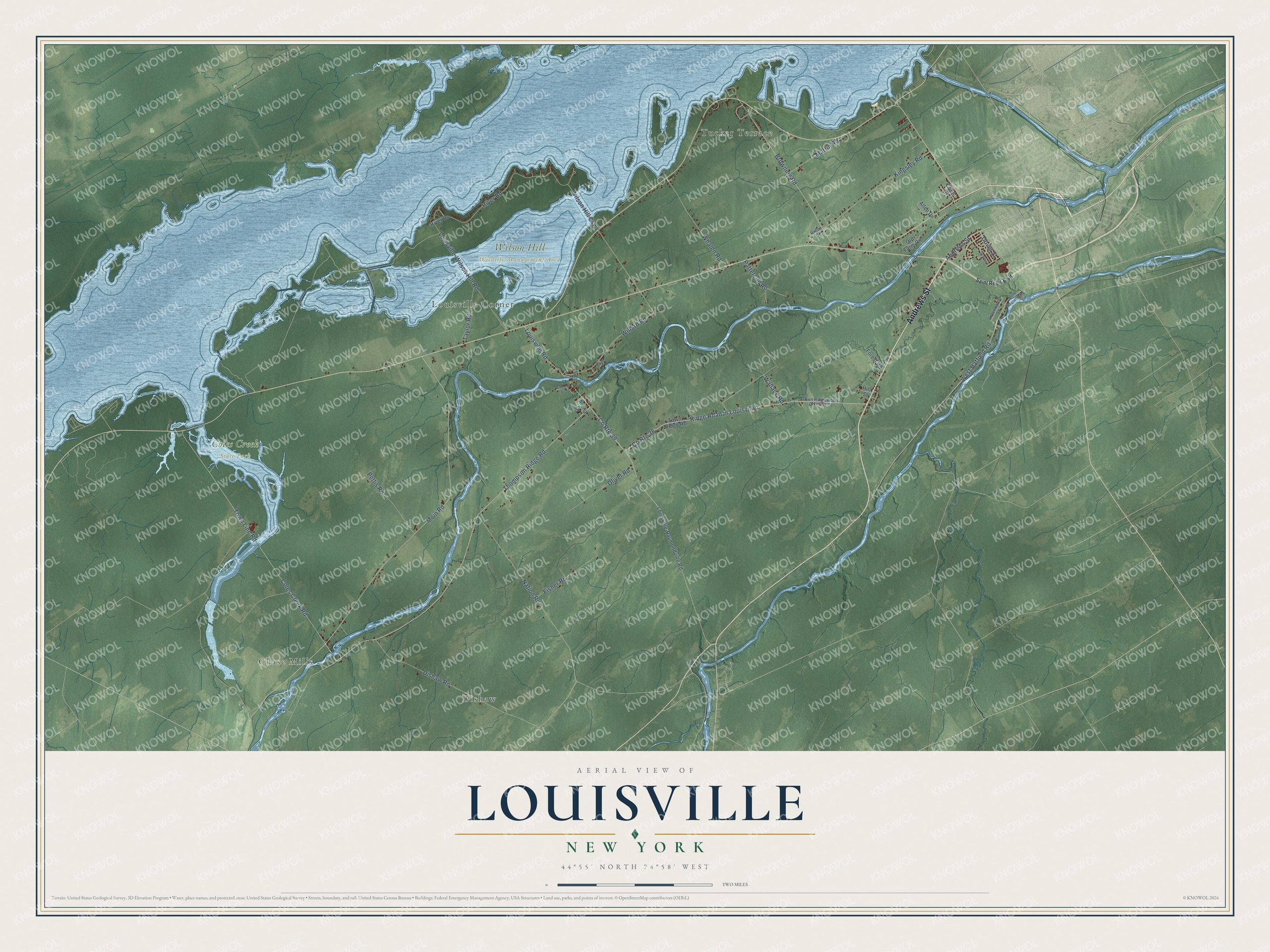 Detailed map of Louisville, New York, showing streets, buildings, neighborhoods, and parks