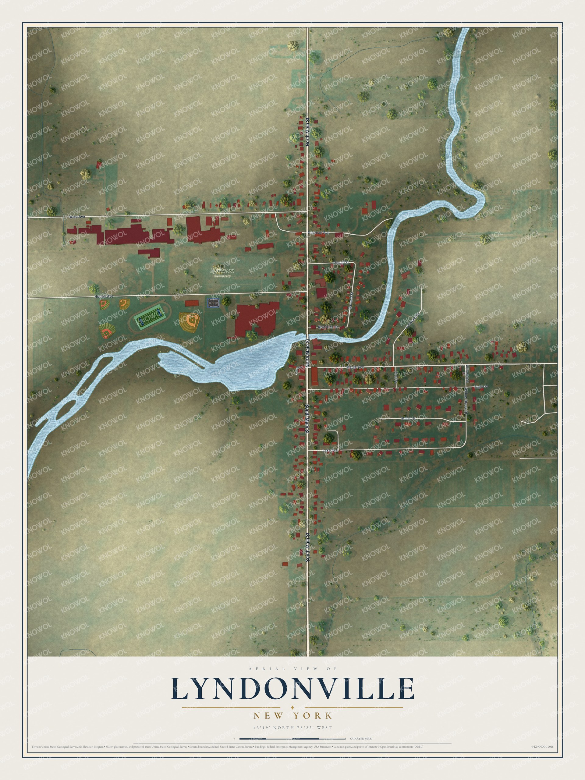 Full map of Lyndonville, New York, with red buildings, printed street names and the land around them