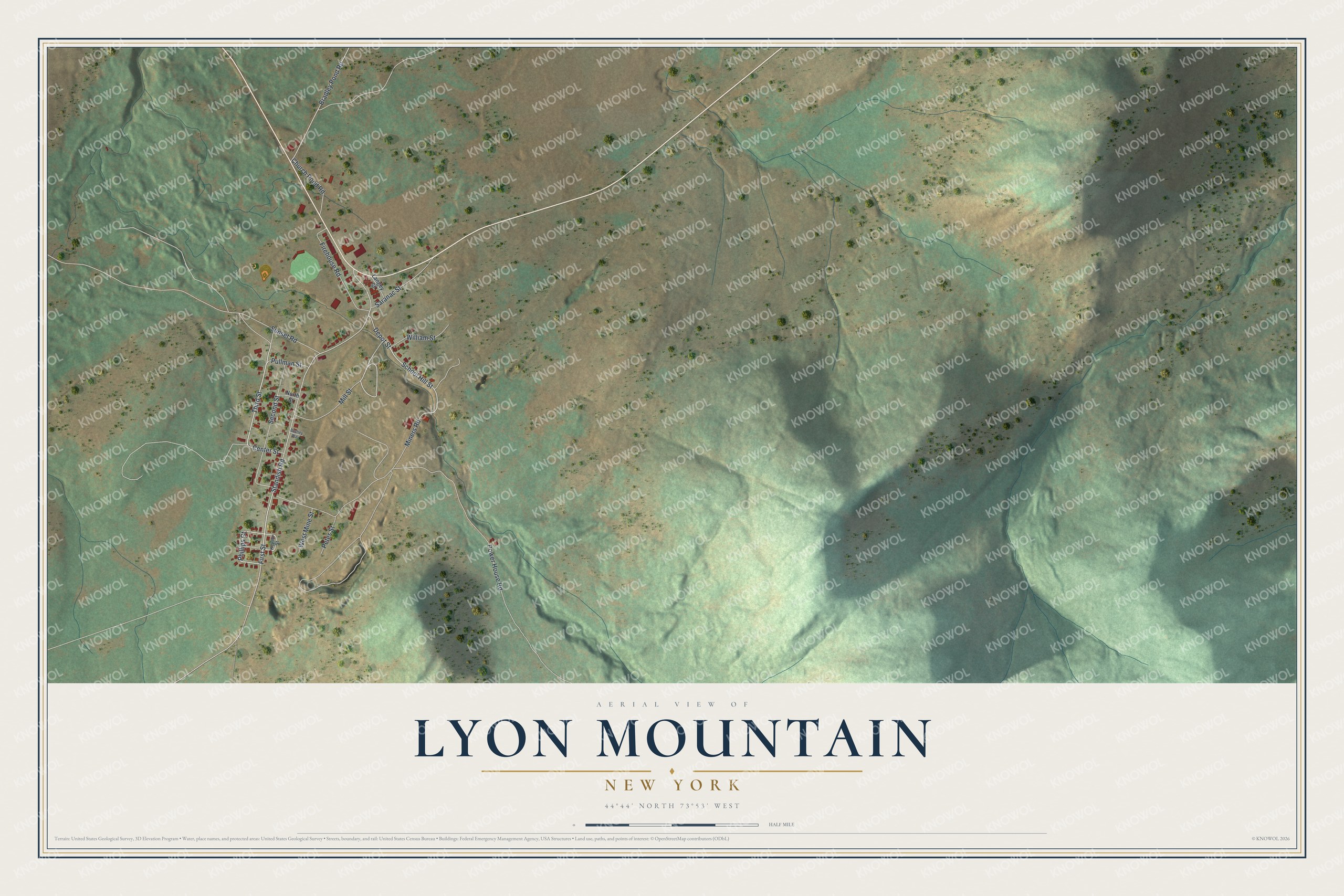 Full map of Lyon Mountain, New York, with red buildings, printed street names and the land around them