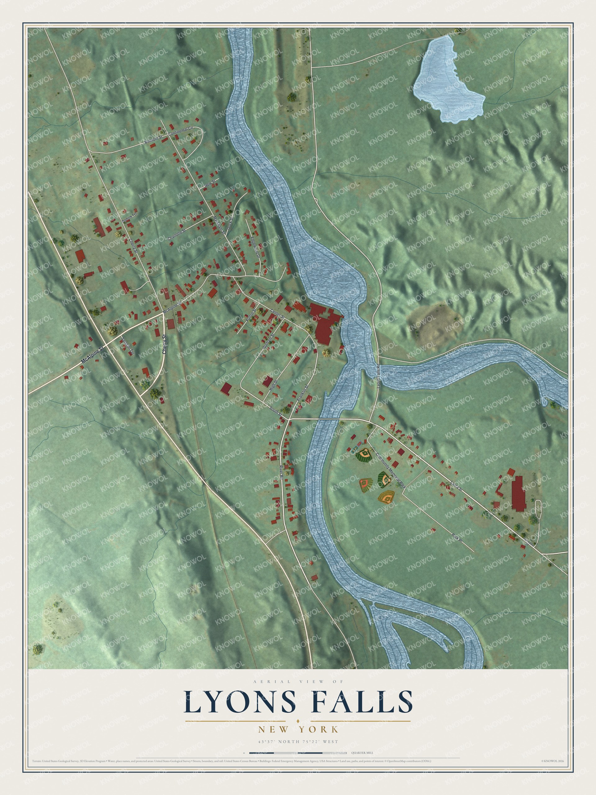 Full map of Lyons Falls, New York, with red buildings, printed street names and the land around them