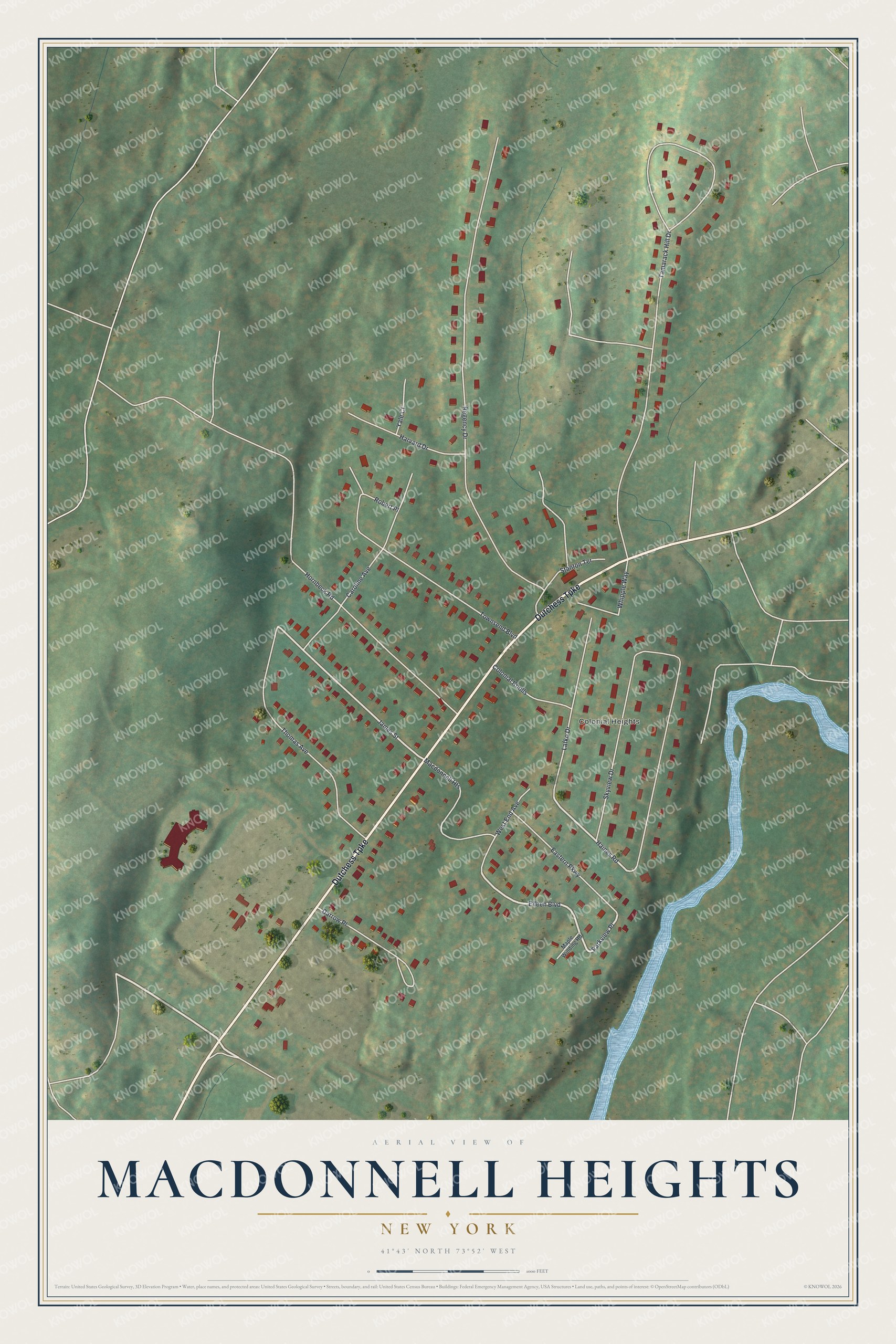 Full map of MacDonnell Heights, New York, with red buildings, printed street names and the land around them
