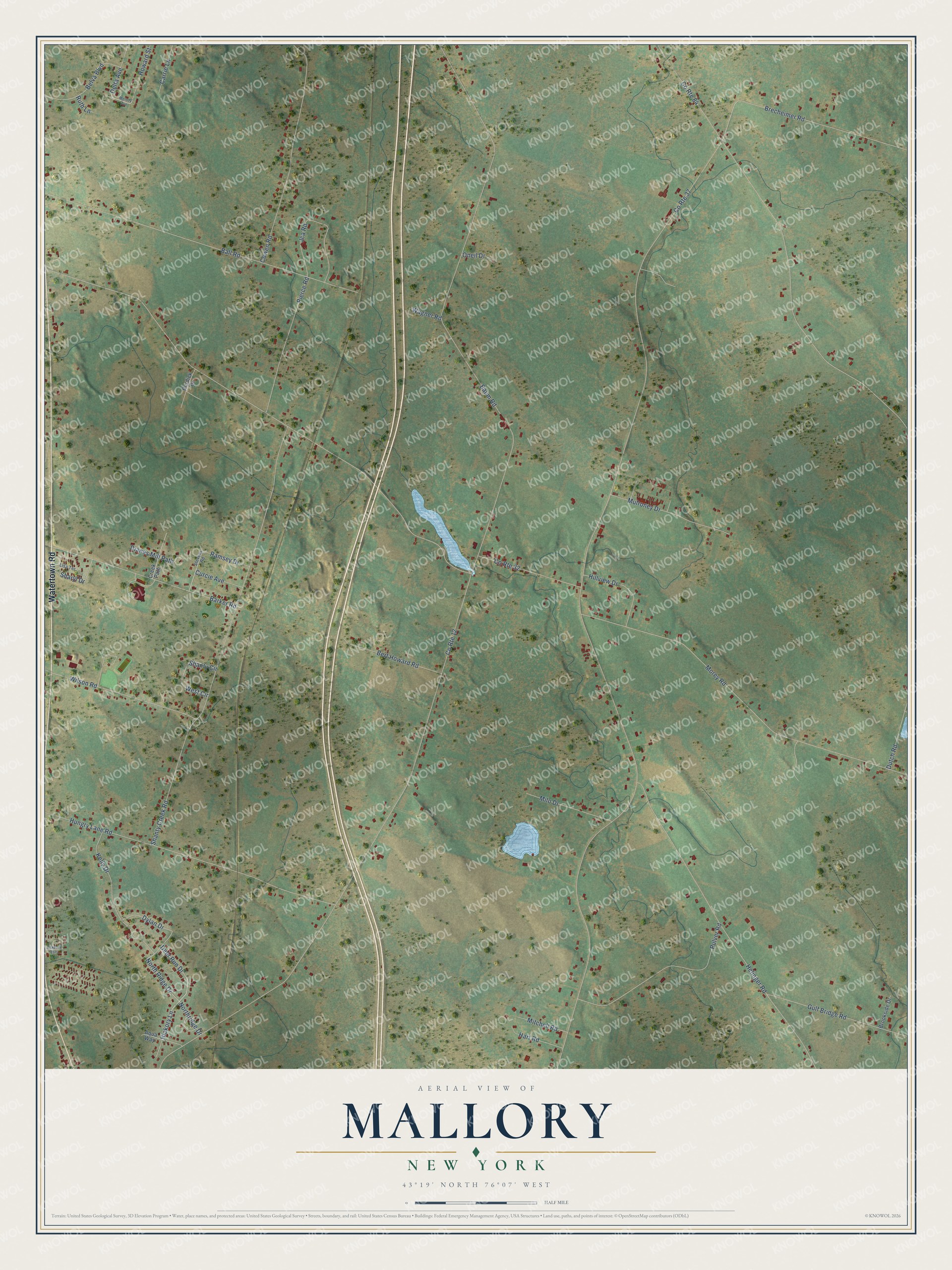 Full map of Mallory, New York, with red buildings, printed street names and the land around them