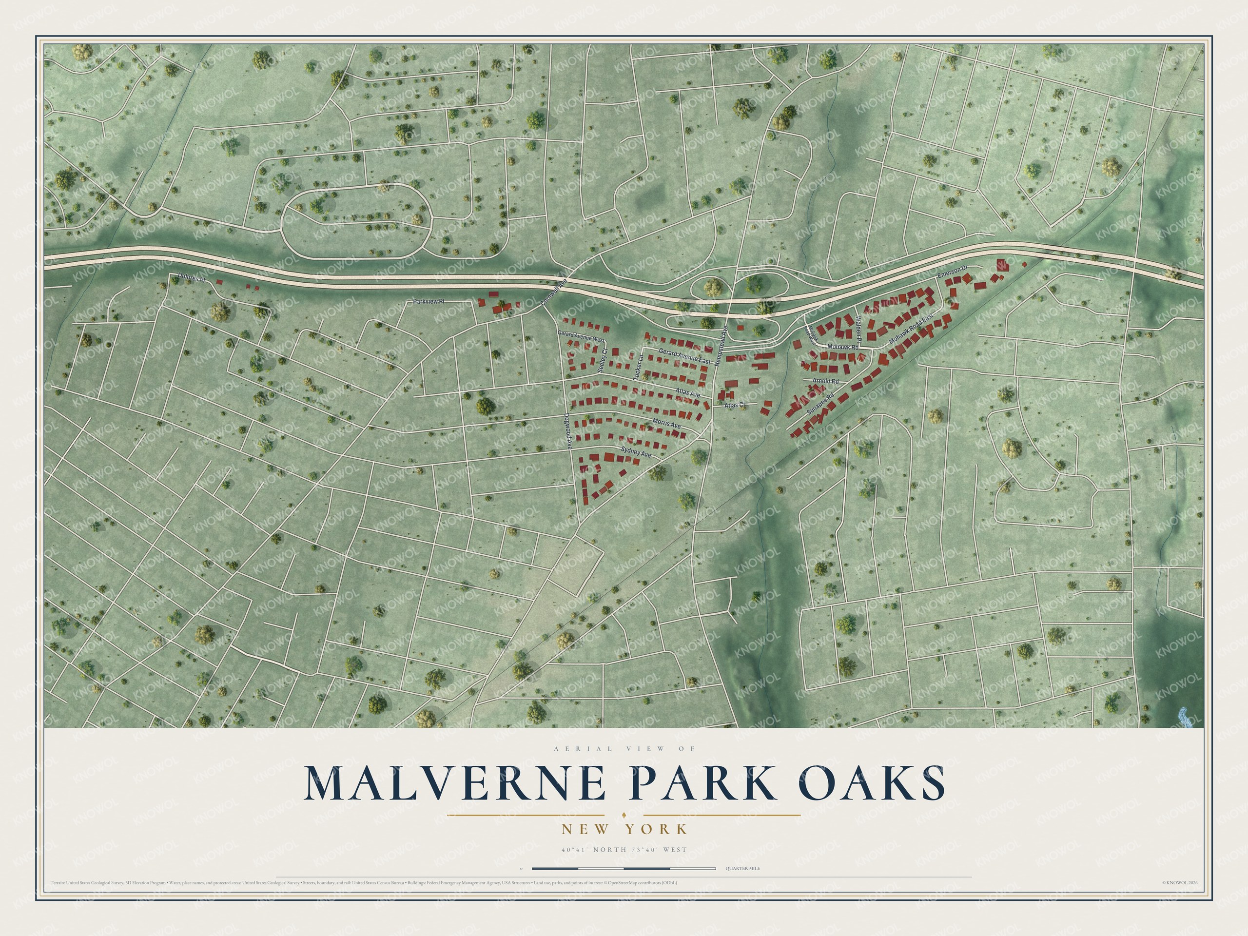 Full map of Malverne Park Oaks, New York, with red buildings, printed street names and the land around them