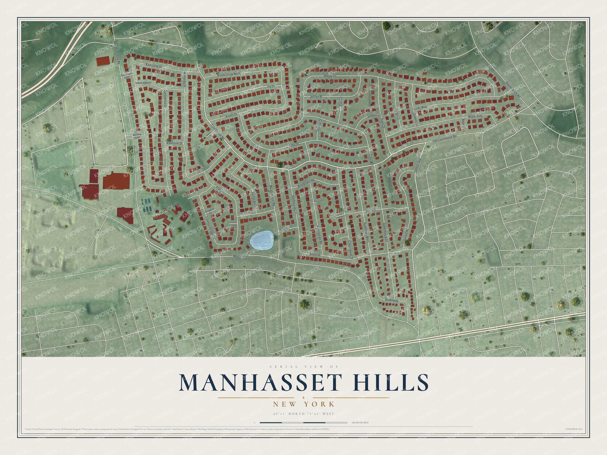 Full map of Manhasset Hills, New York, with red buildings, printed street names and the land around them