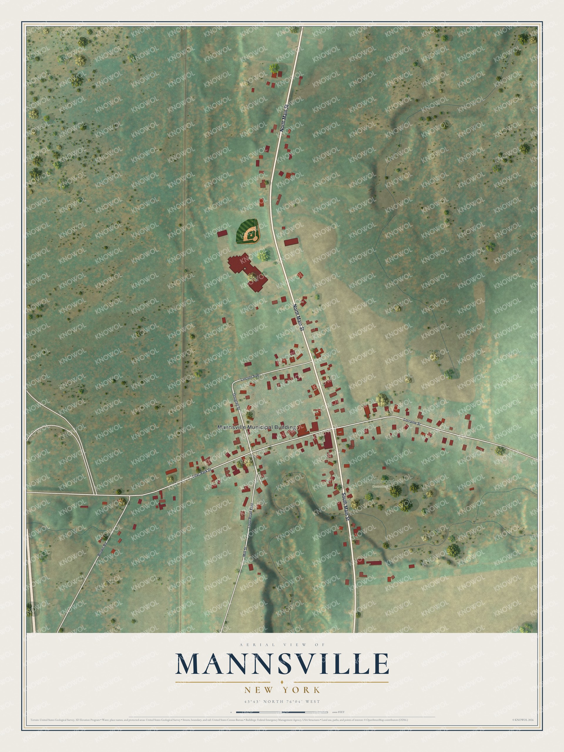 Full map of Mannsville, New York, with red buildings, printed street names and the land around them