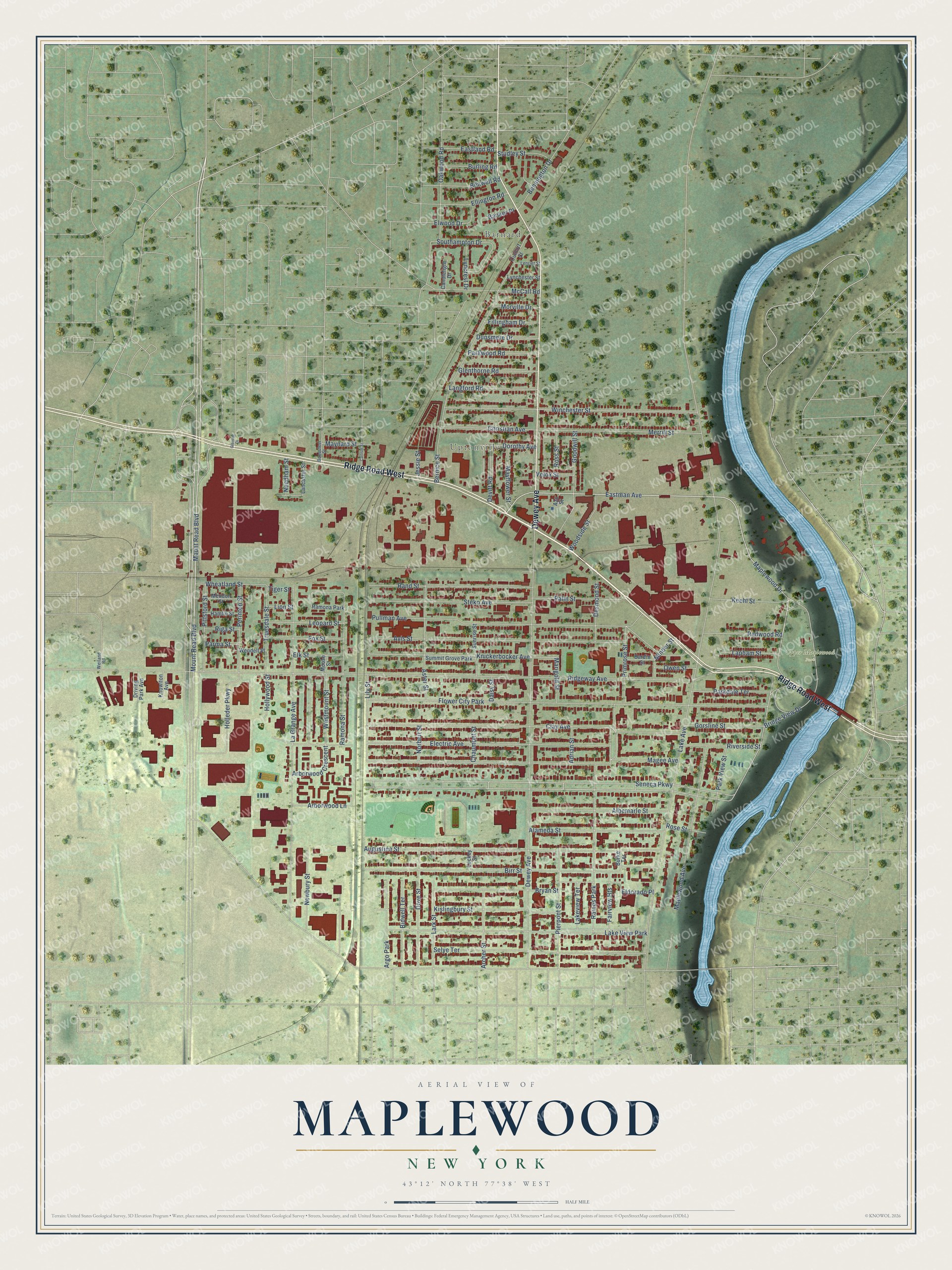 Full map of Maplewood, New York, with red buildings, printed street names and the land around them
