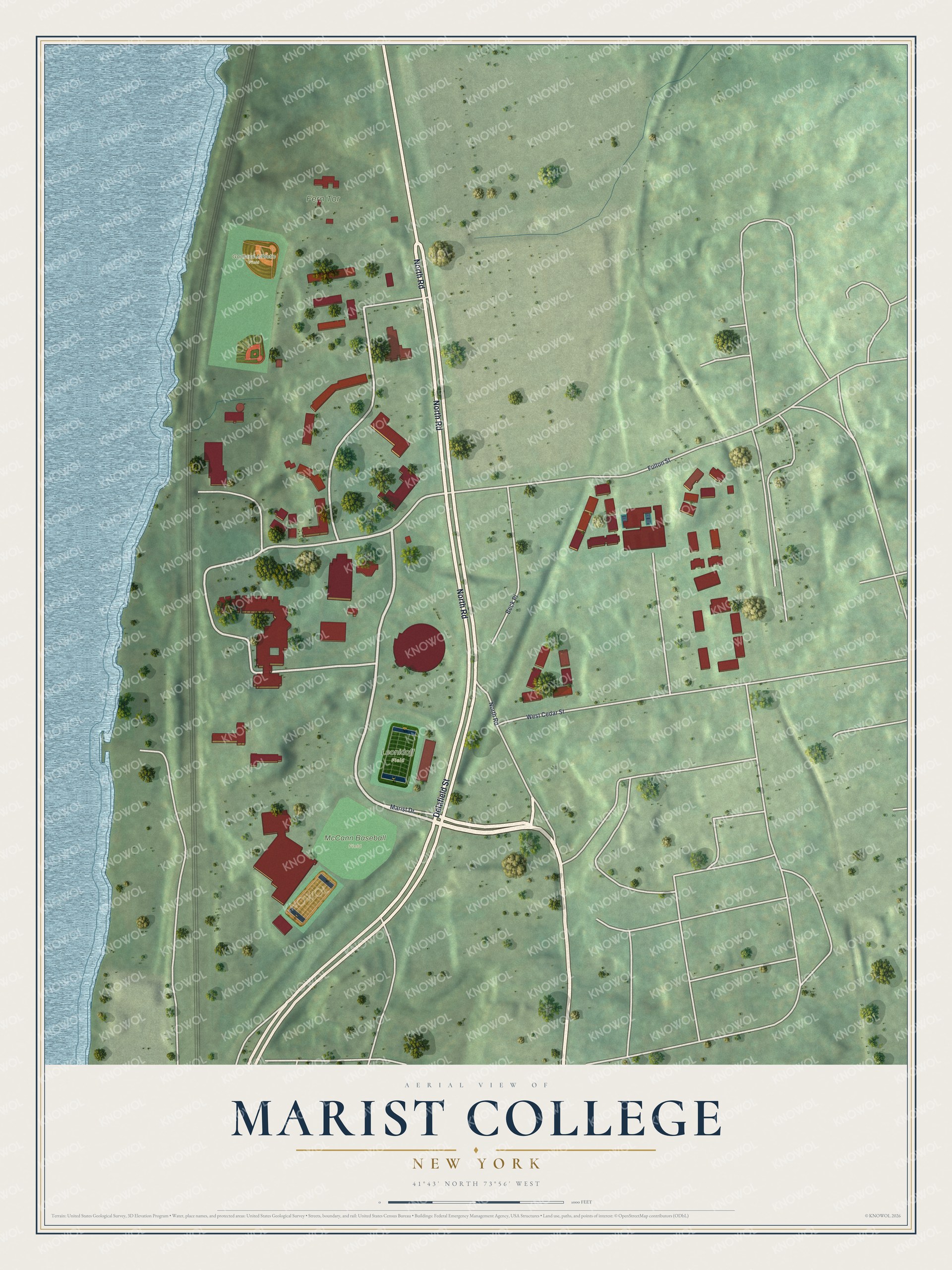 Full map of Marist College, New York, with red buildings, printed street names and the land around them