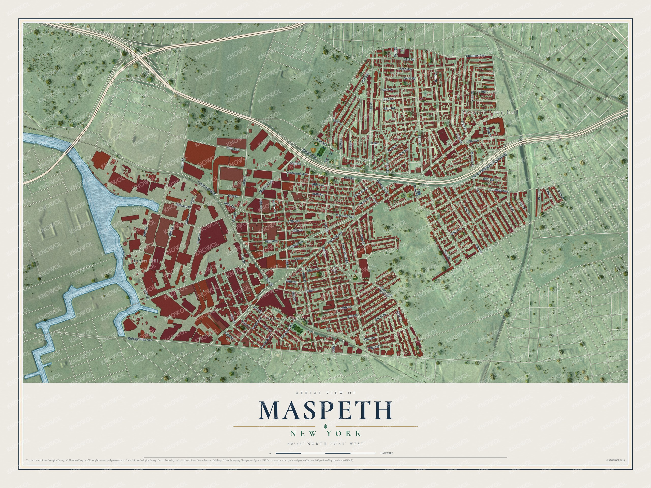 Full map of Maspeth, New York, with red buildings, printed street names and the land around them