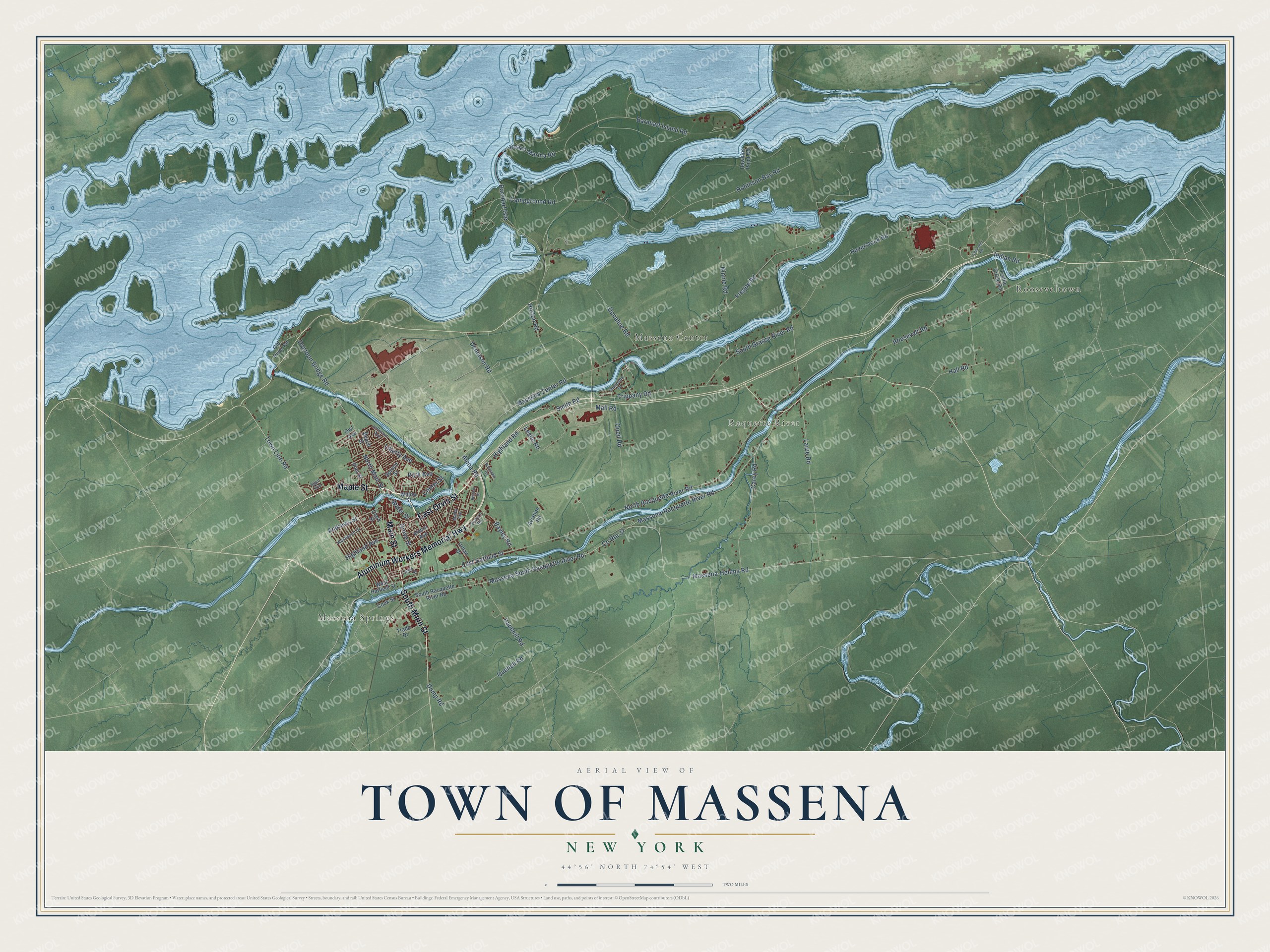 Detailed map of the Town of Massena, New York, showing streets, buildings, neighborhoods, and parks