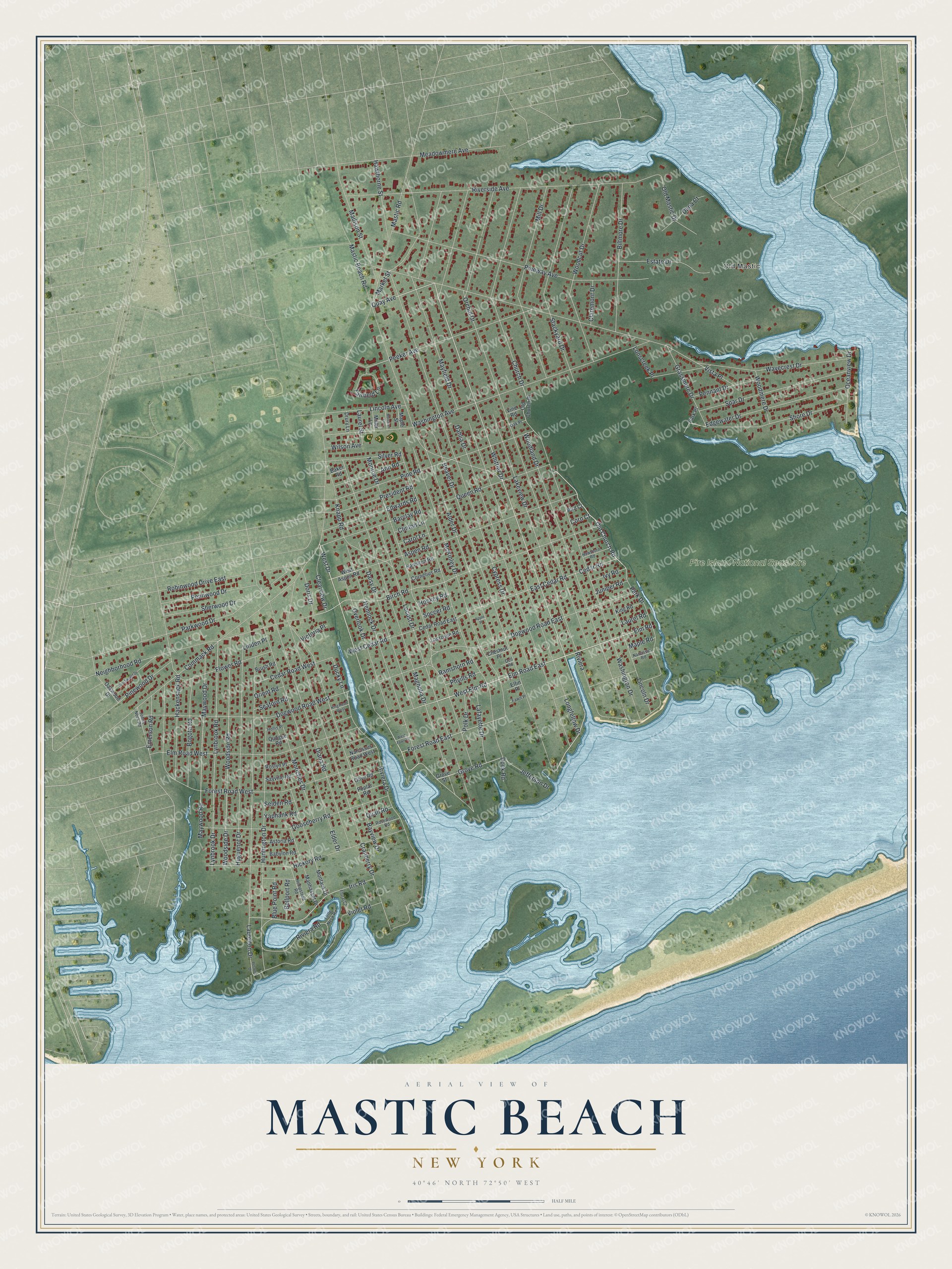 Full map of Mastic Beach, New York, with red buildings, printed street names and the land around them
