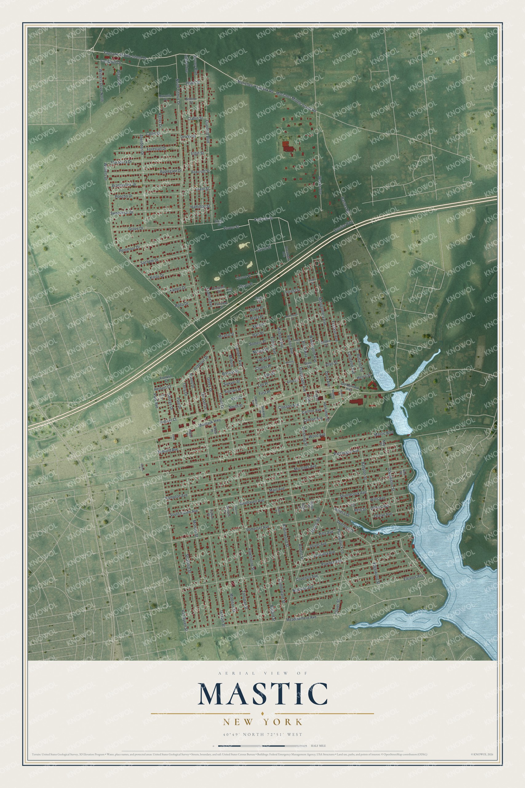 Full map of Mastic, New York, with red buildings, printed street names and the land around them
