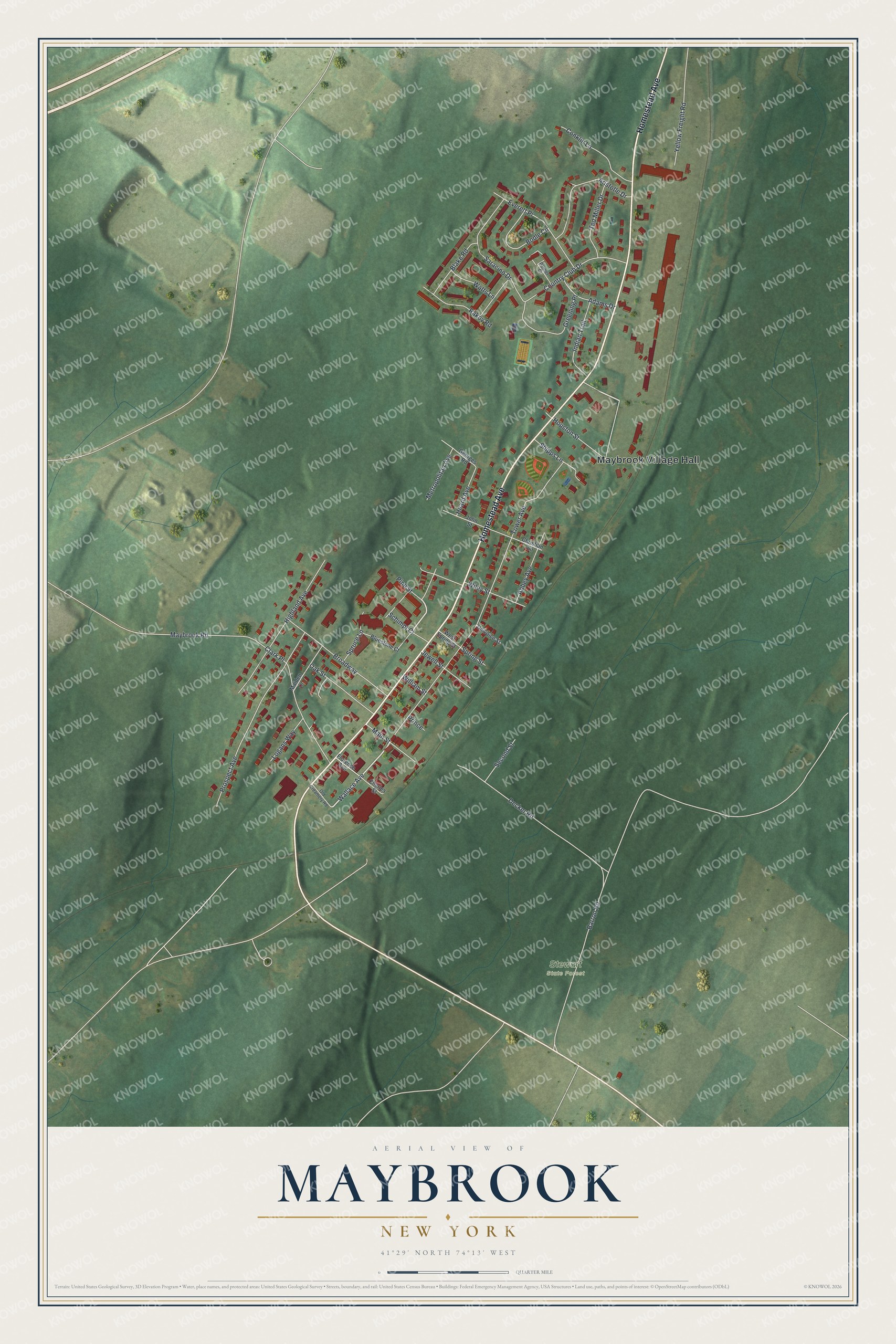 Full map of Maybrook, New York, with red buildings, printed street names and the land around them