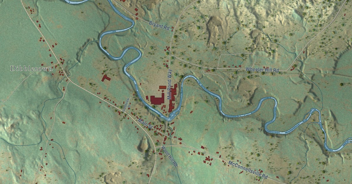 Close-up of streets and buildings in McConnellsville, New York