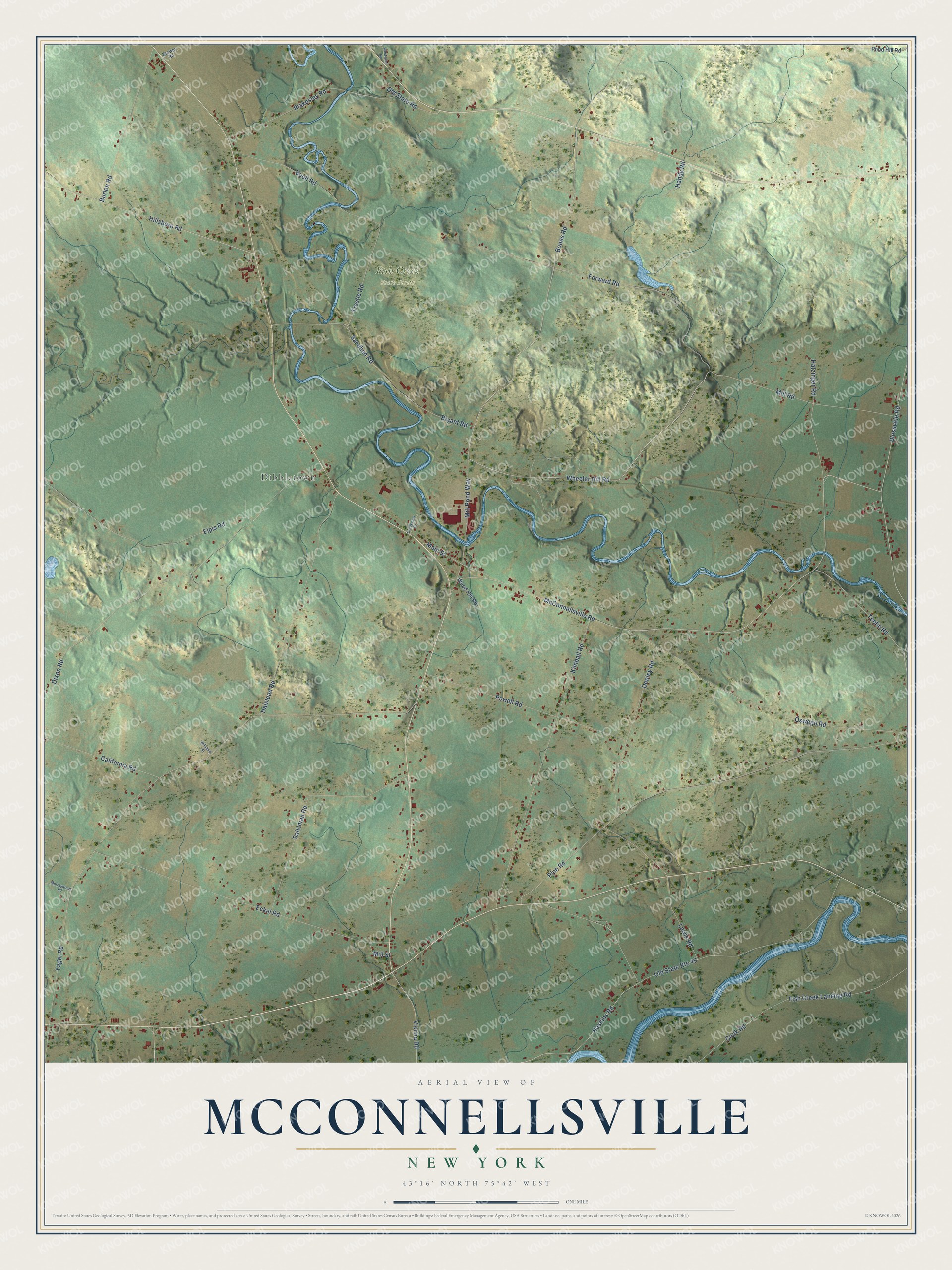 Full map of McConnellsville, New York, with red buildings, printed street names and the land around them