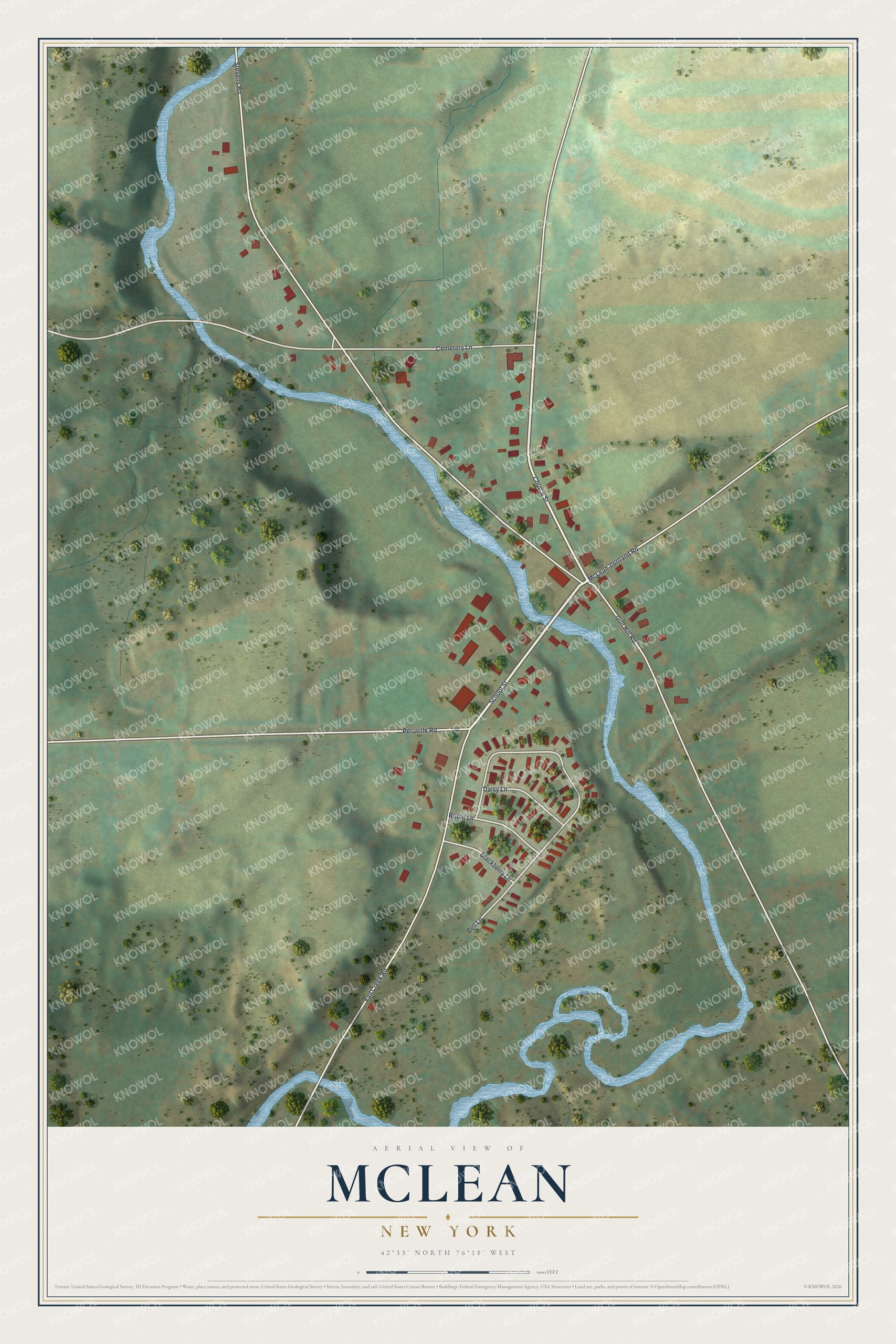 Full map of McLean, New York, with red buildings, printed street names and the land around them