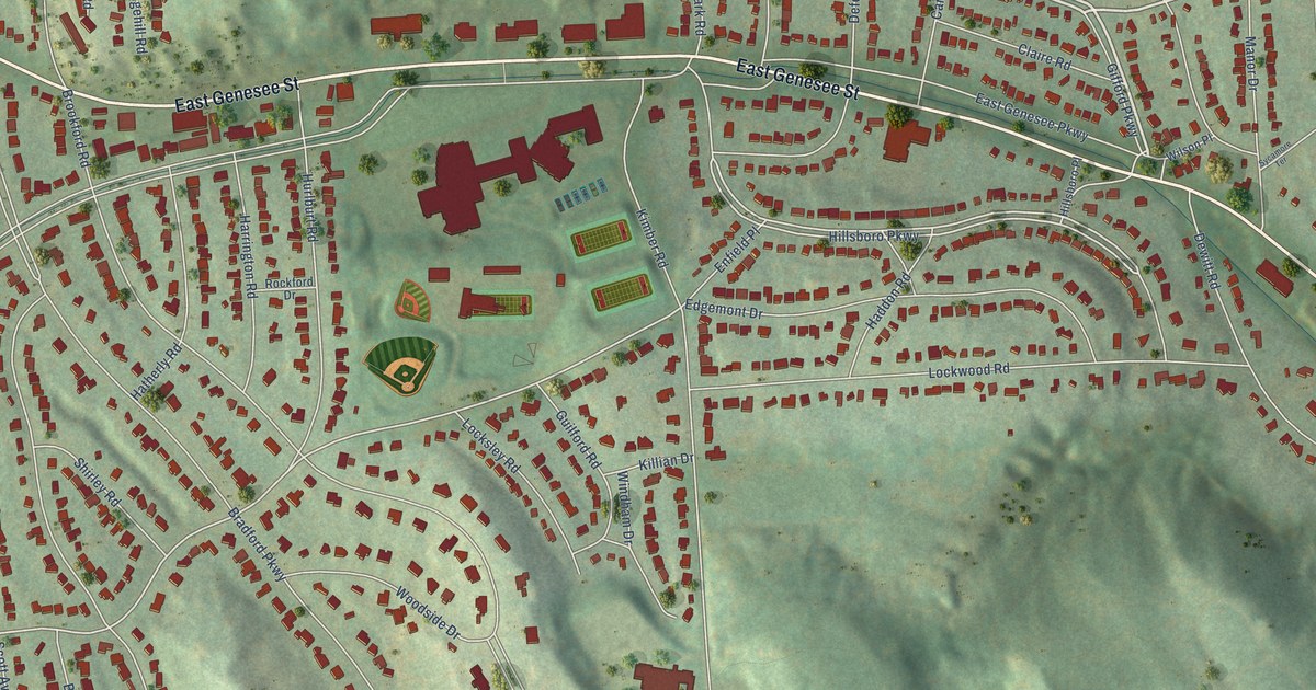 Close-up of streets and buildings in Meadowbrook, New York