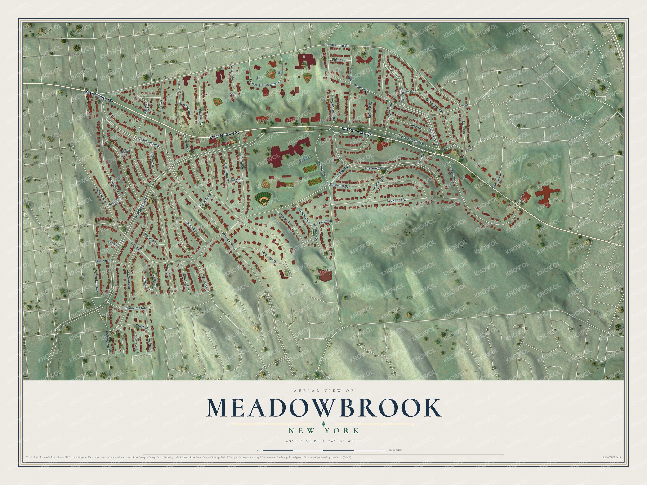 Full map of Meadowbrook, New York, with red buildings, printed street names and the land around them