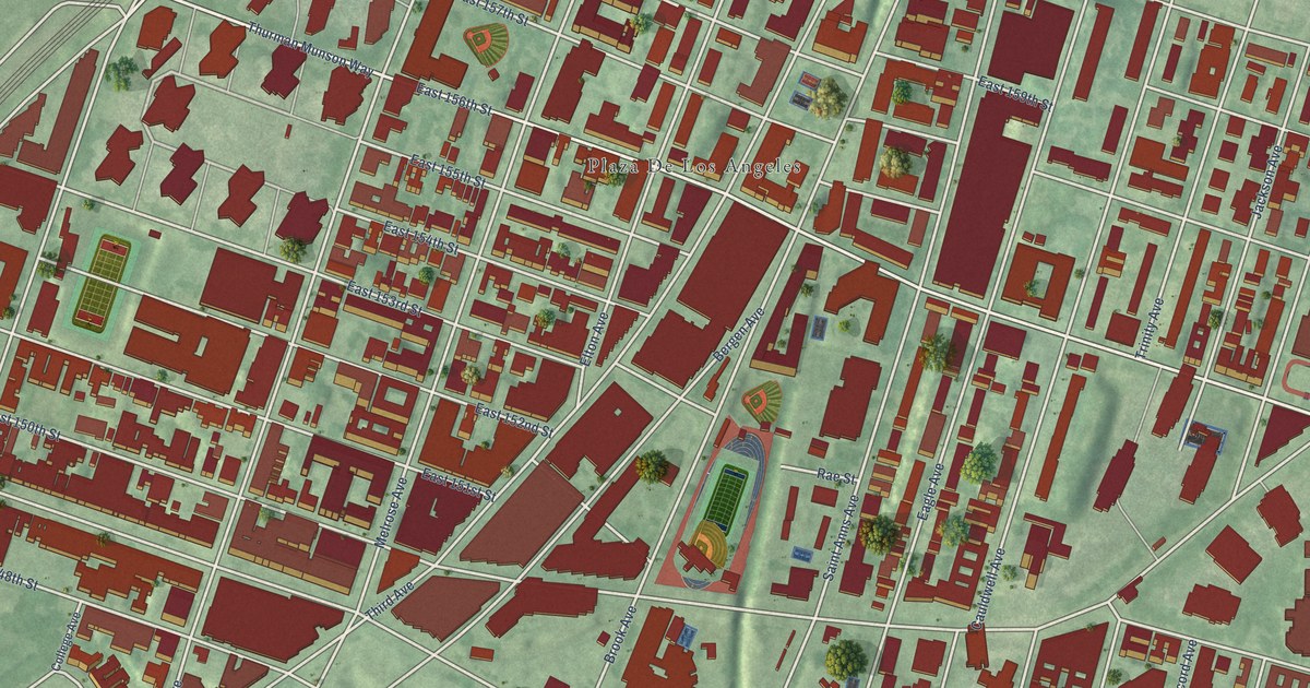 Close-up of streets and buildings in Melrose, New York