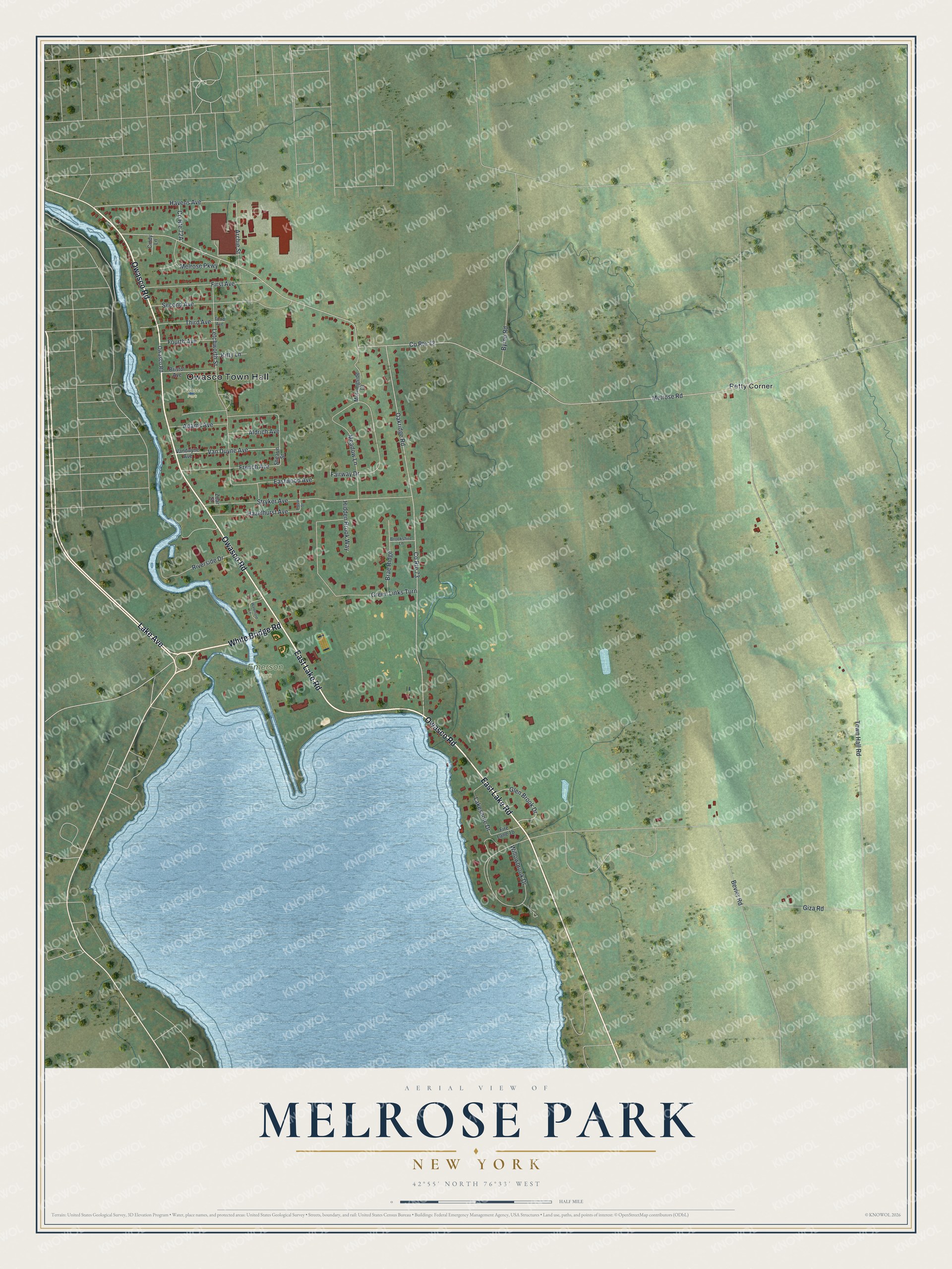 Full map of Melrose Park, New York, with red buildings, printed street names and the land around them