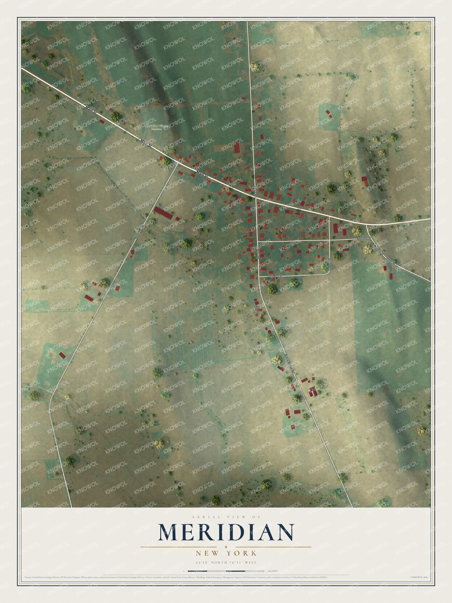 Full map of Meridian, New York, with red buildings, printed street names and the land around them