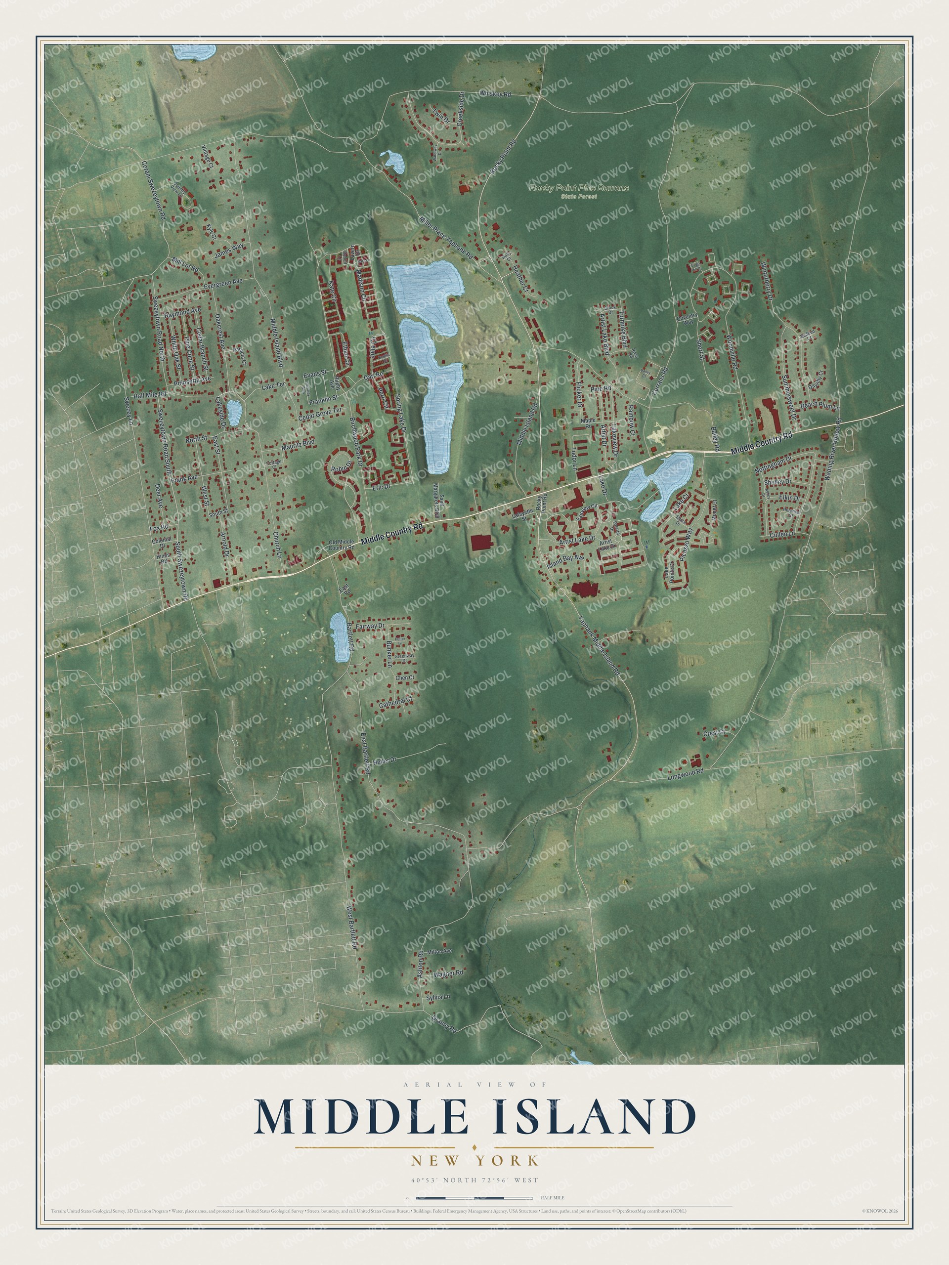 Full map of Middle Island, New York, with red buildings, printed street names and the land around them