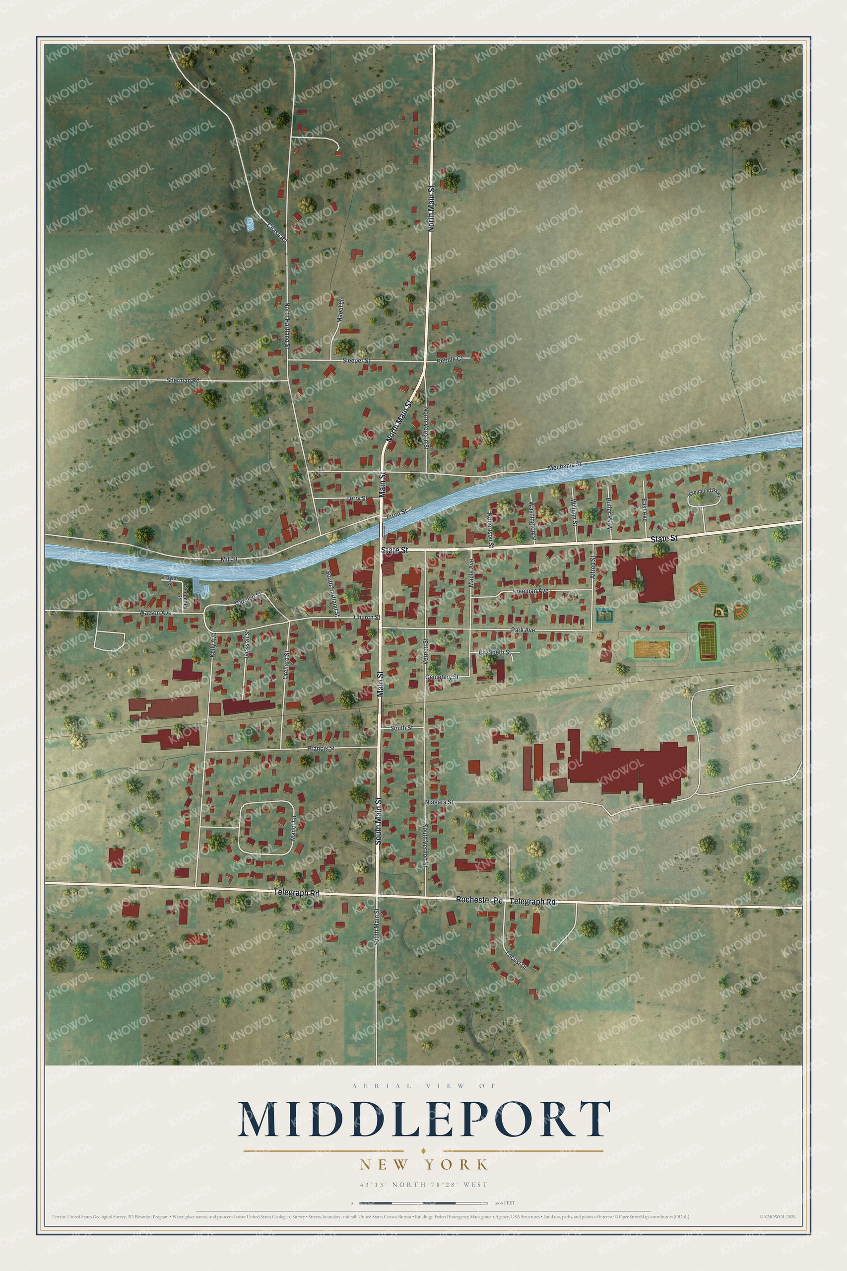 Full map of Middleport, New York, with red buildings, printed street names and the land around them