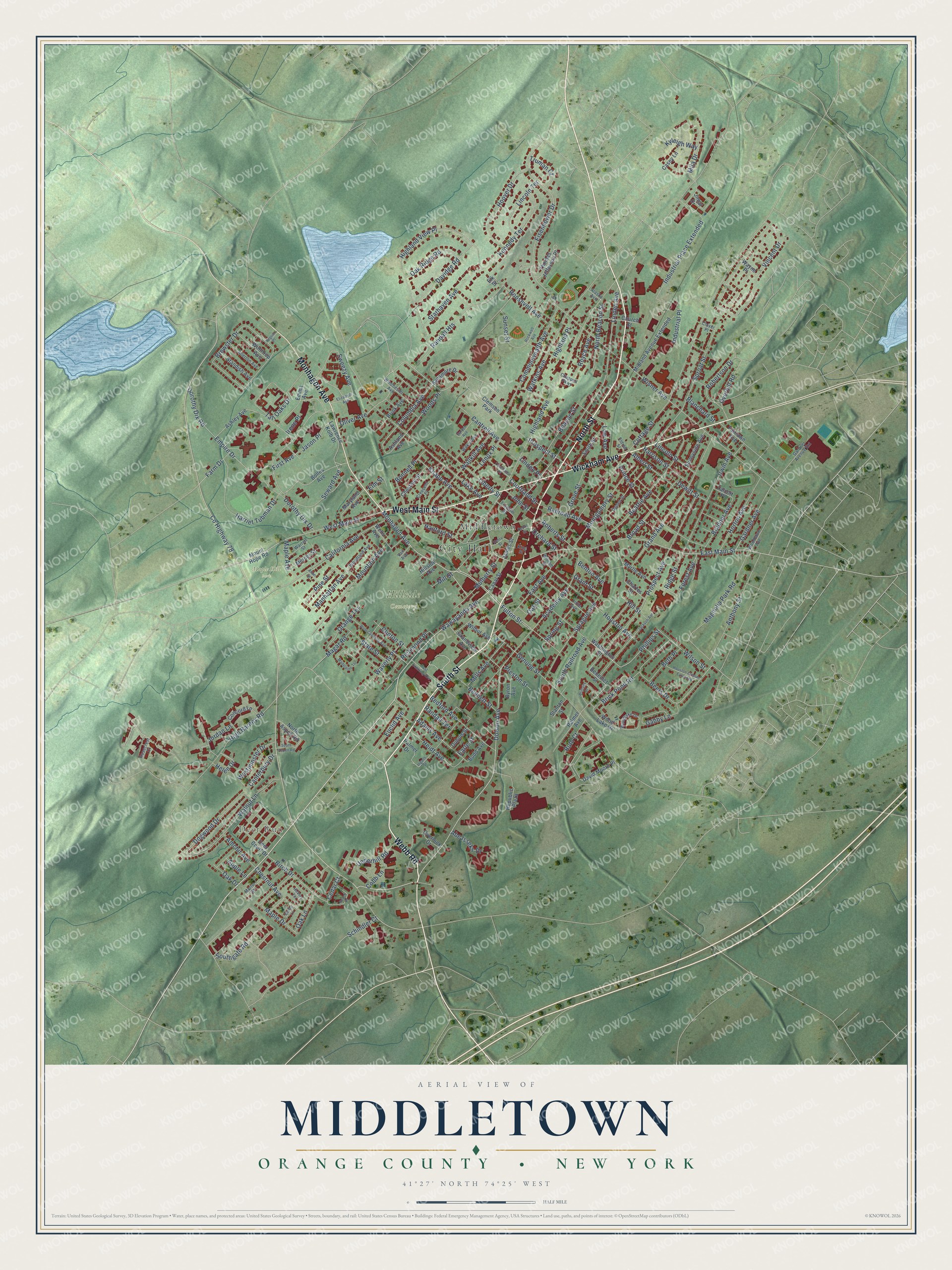 Detailed map of Middletown, Orange County, New York, showing streets, buildings, and parks