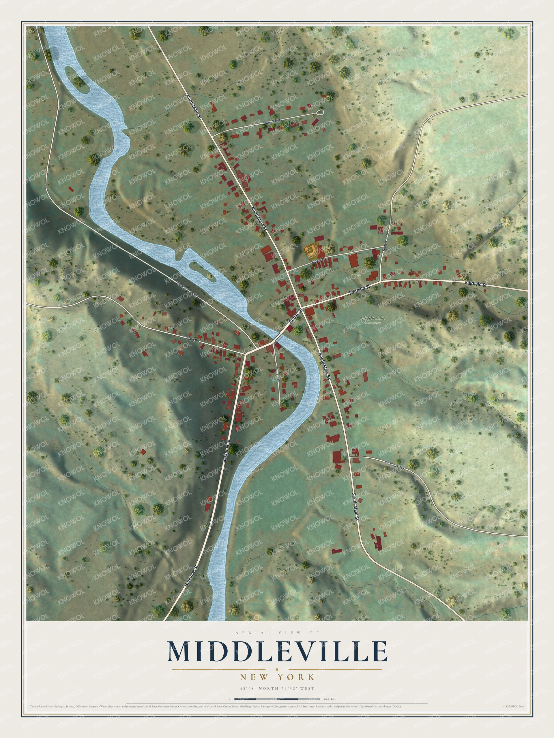 Full map of Middleville, New York, with red buildings, printed street names and the land around them