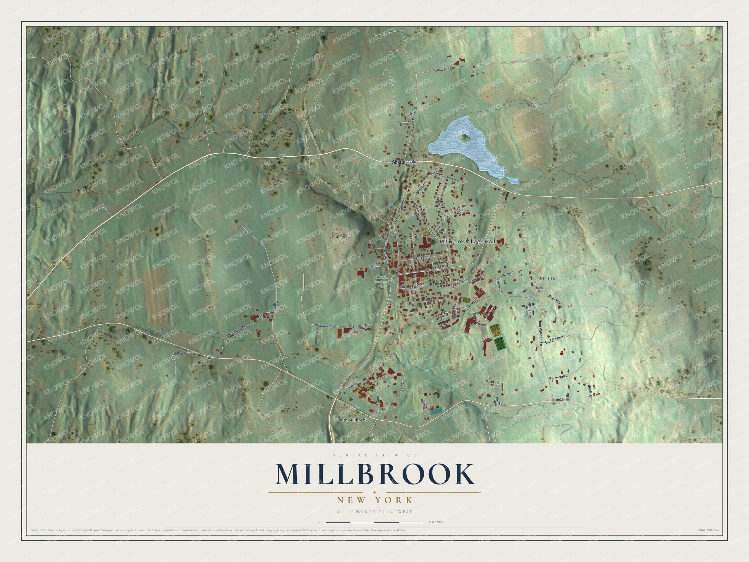 Full map of Millbrook, New York, with red buildings, printed street names and the land around them