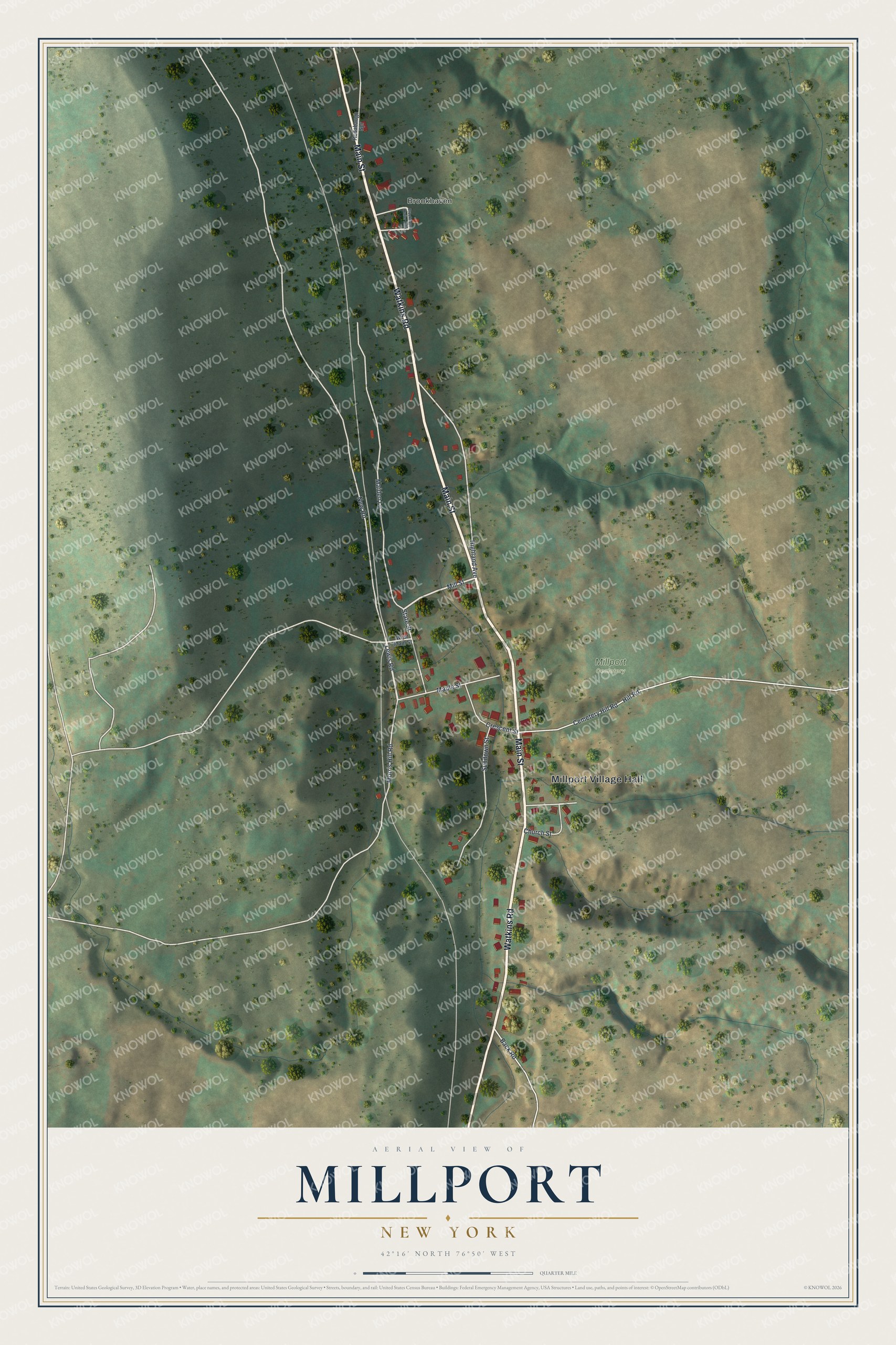 Full map of Millport, New York, with red buildings, printed street names and the land around them