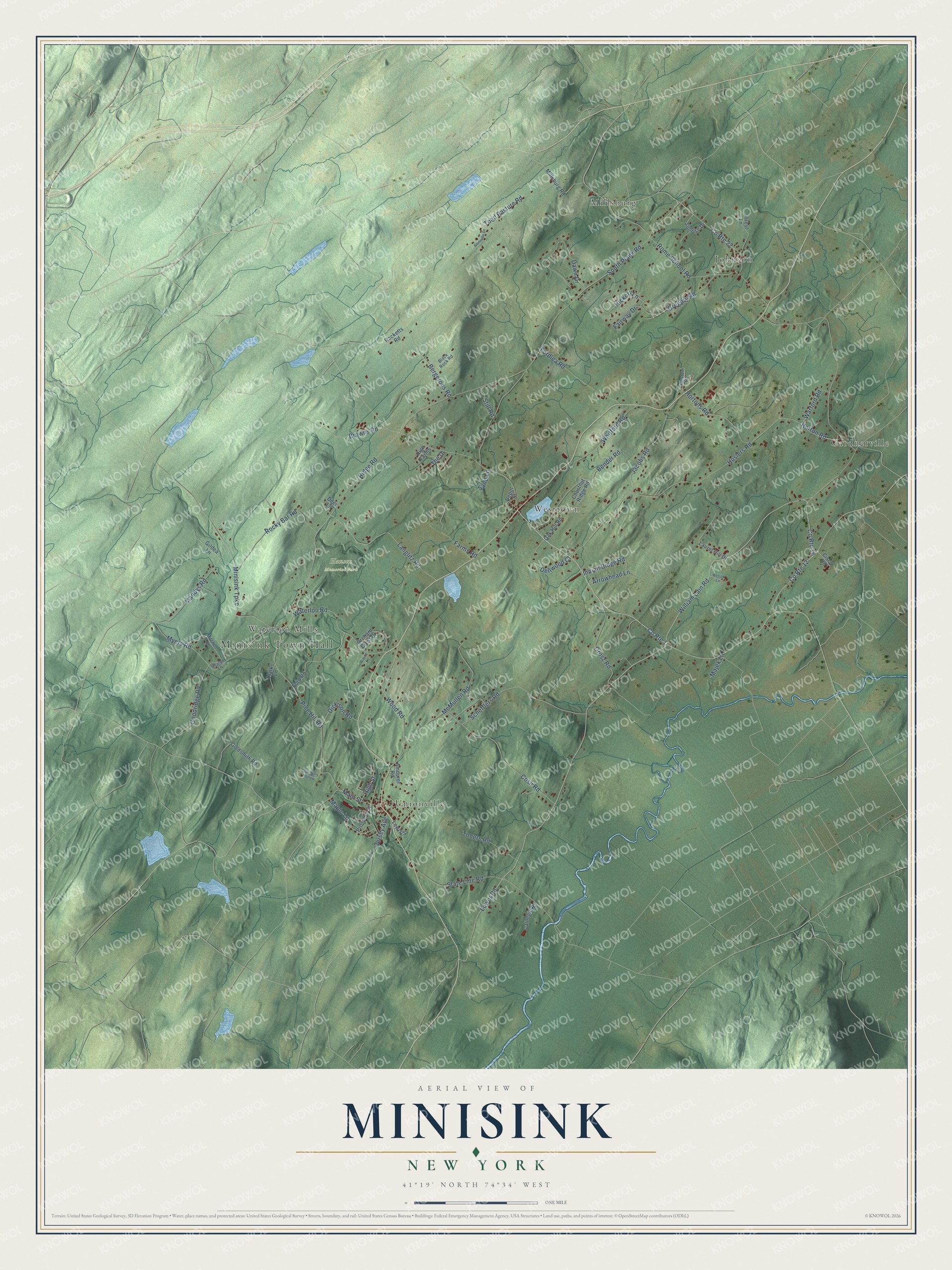 Detailed map of Minisink, New York, showing streets, buildings, neighborhoods, and parks