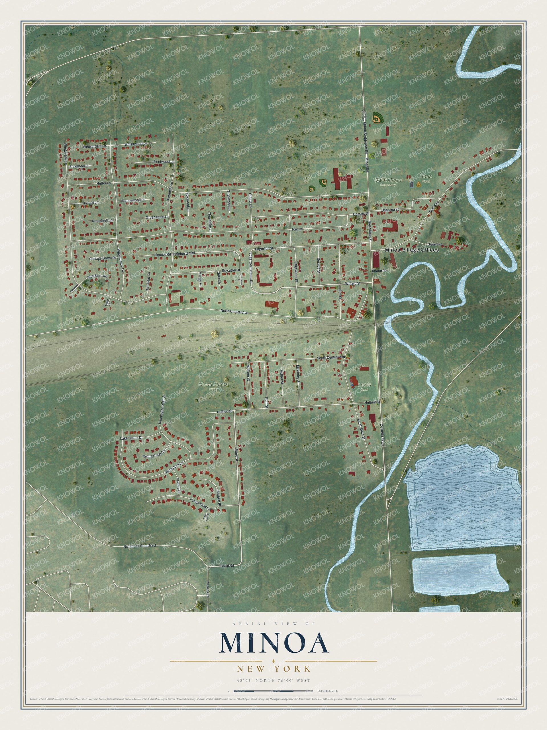 Full map of Minoa, New York, with red buildings, printed street names and the land around them
